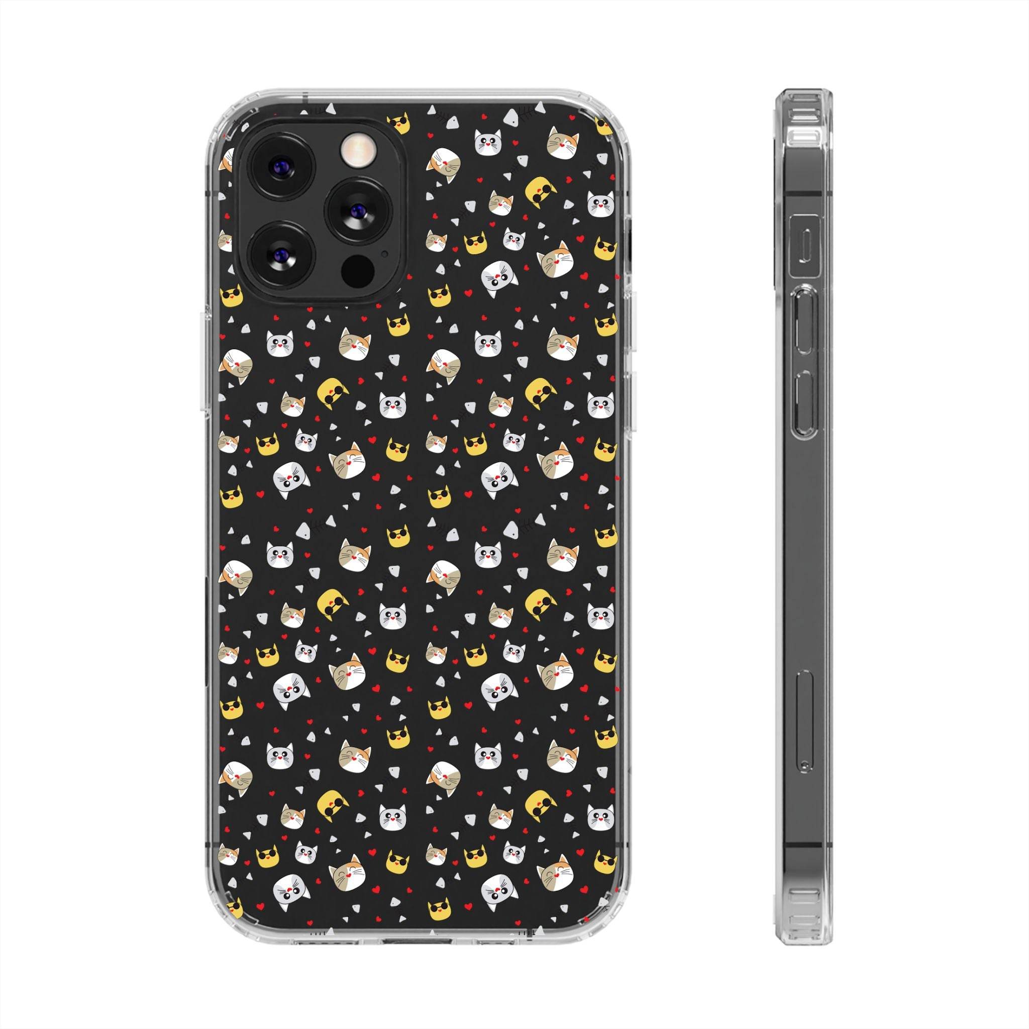 Printify eco-friendly cat phone cases with black background and scattered white and yellow cat faces
