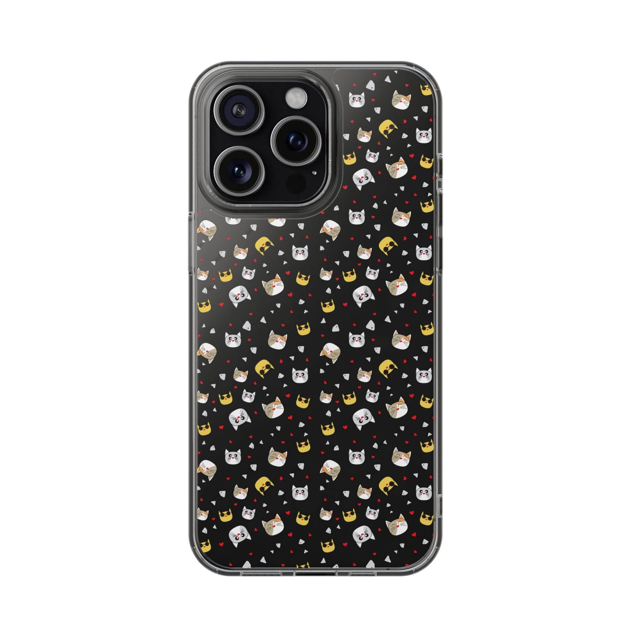 Printify eco-friendly cat phone cases with black background and cute cat and crown pattern