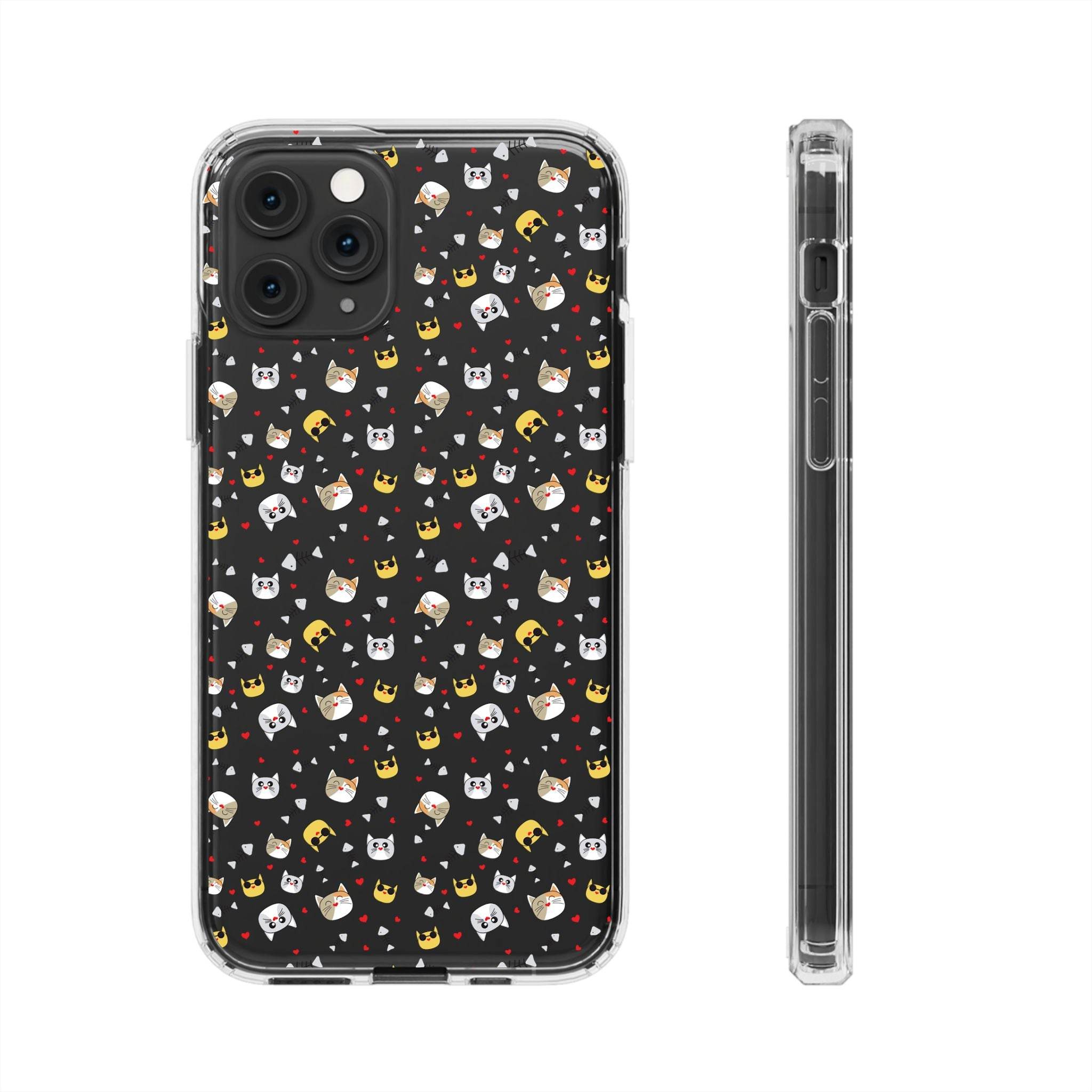 Printify eco-friendly cat phone cases with clear edges and black background featuring colorful cat faces