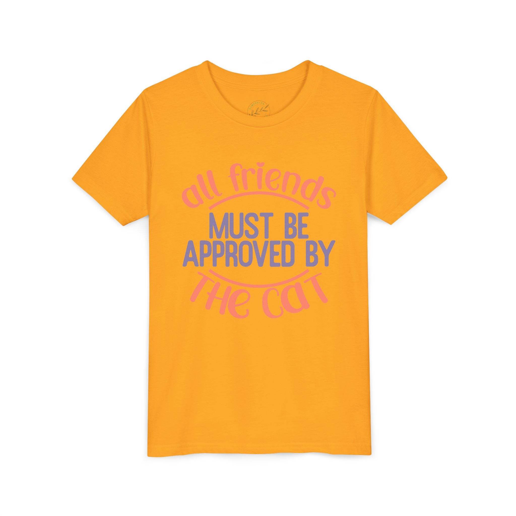 Printify eco-friendly cat t-shirt in yellow with all friends must be approved by the cat text