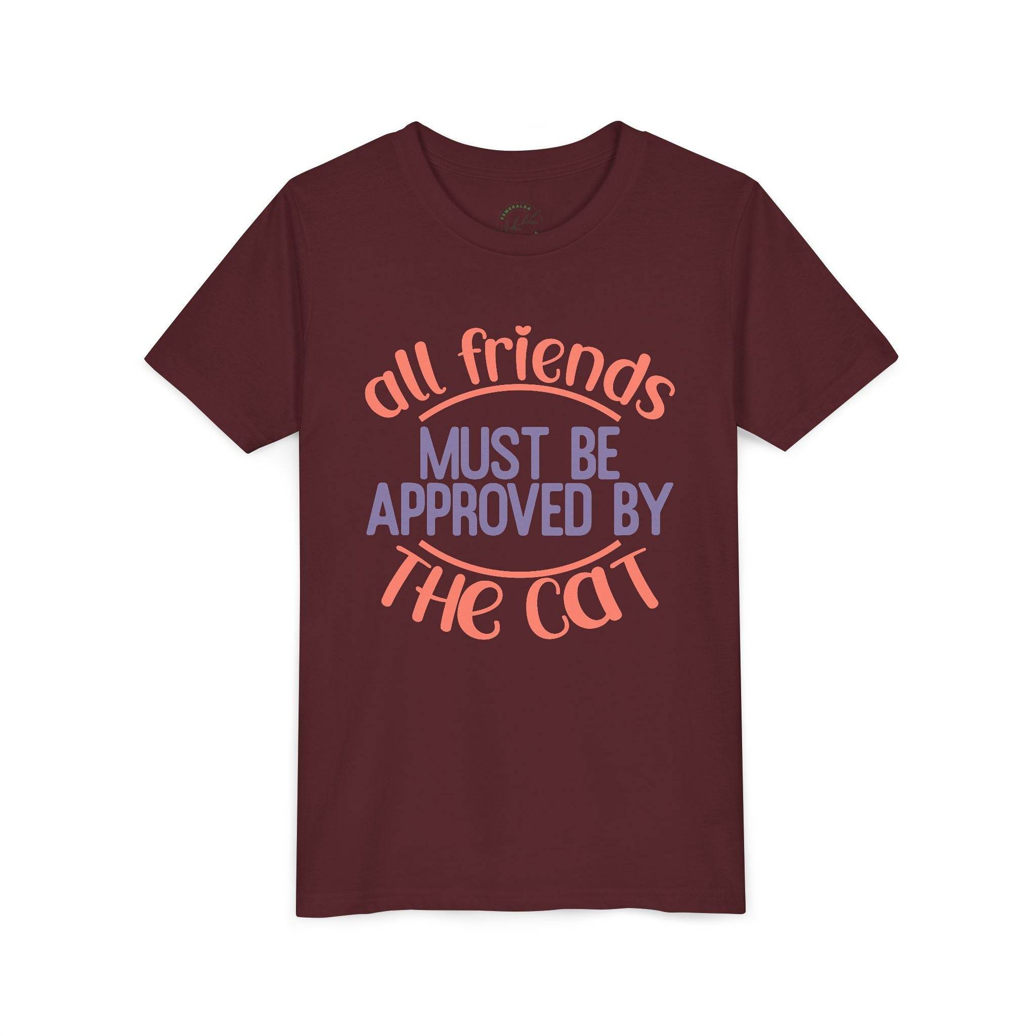 Printify eco-friendly cat t-shirt in burgundy with all friends must be approved by the cat text