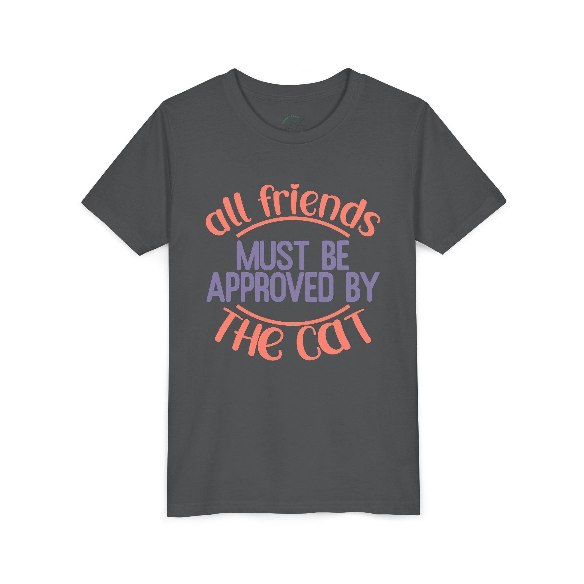 Printify eco-friendly cat t-shirt in dark gray with all friends must be approved by the cat text