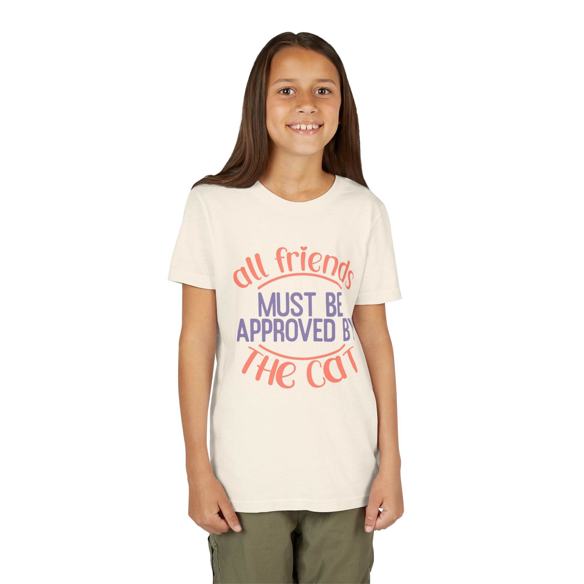 Printify eco-friendly cat t-shirt worn by smiling child with all friends must be approved by the cat text