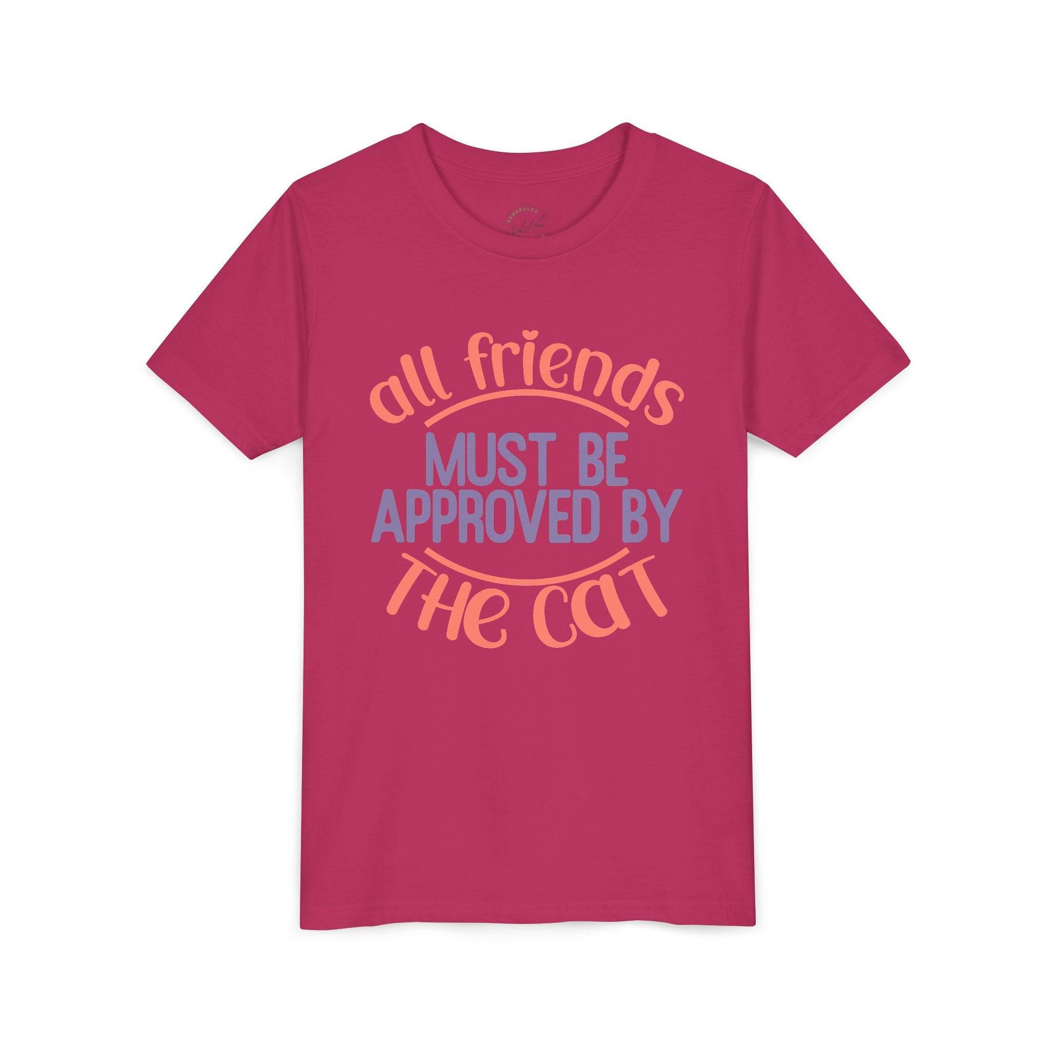Printify eco-friendly cat t-shirt in maroon with the phrase all friends must be approved by the cat