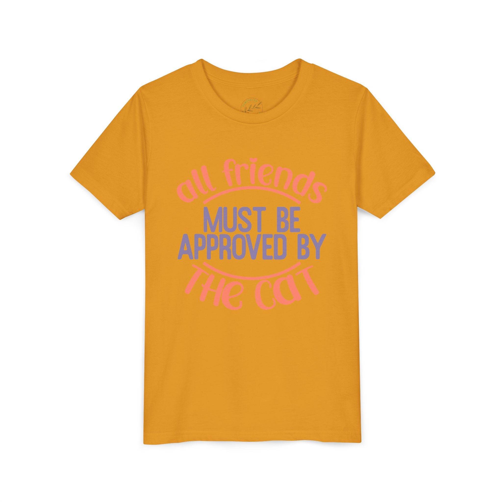 Printify eco-friendly cat t-shirt in mustard yellow with must be approved by the cat text design