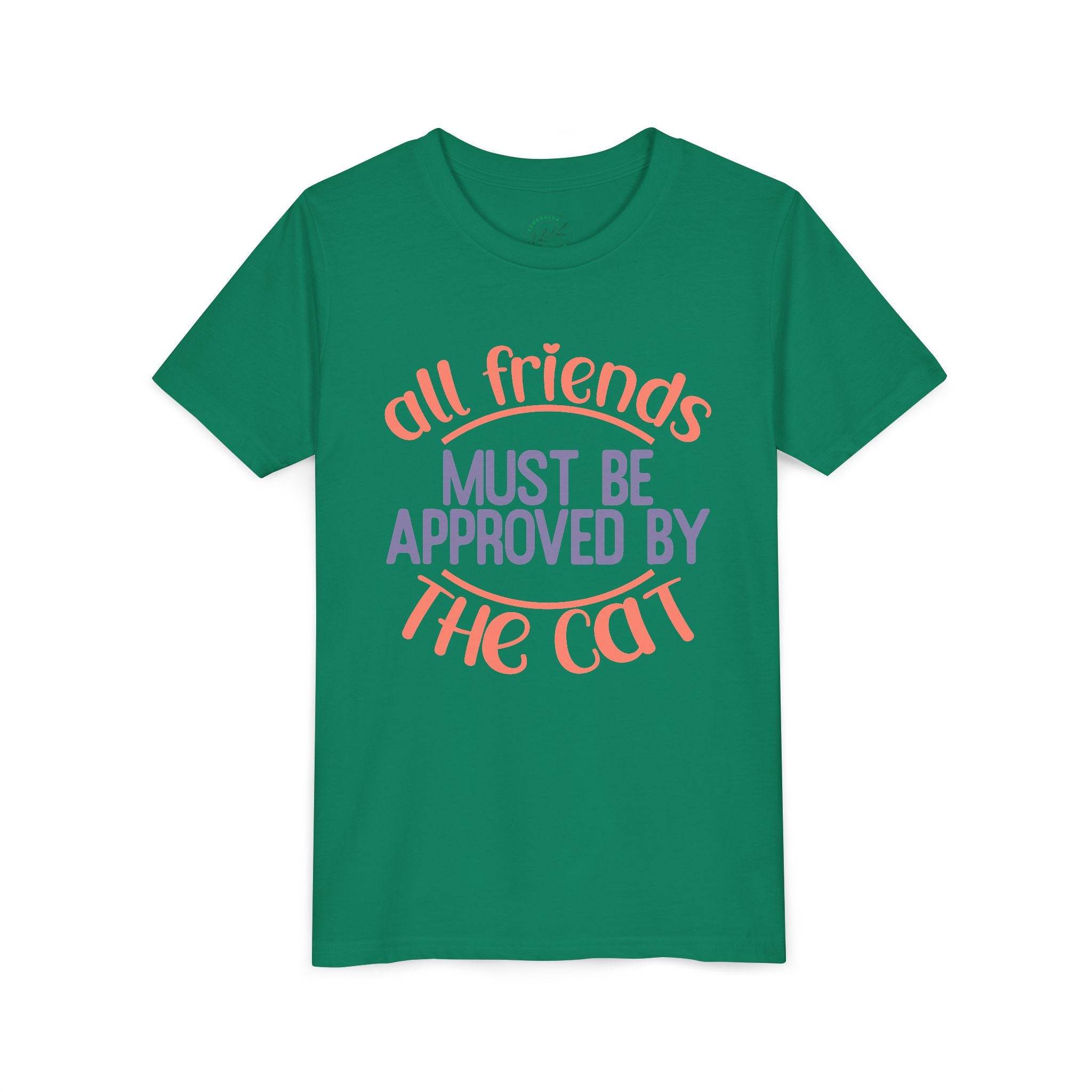 Green eco-friendly cat t-shirt by Printify with All Friends Must Be Approved by The Cat text design