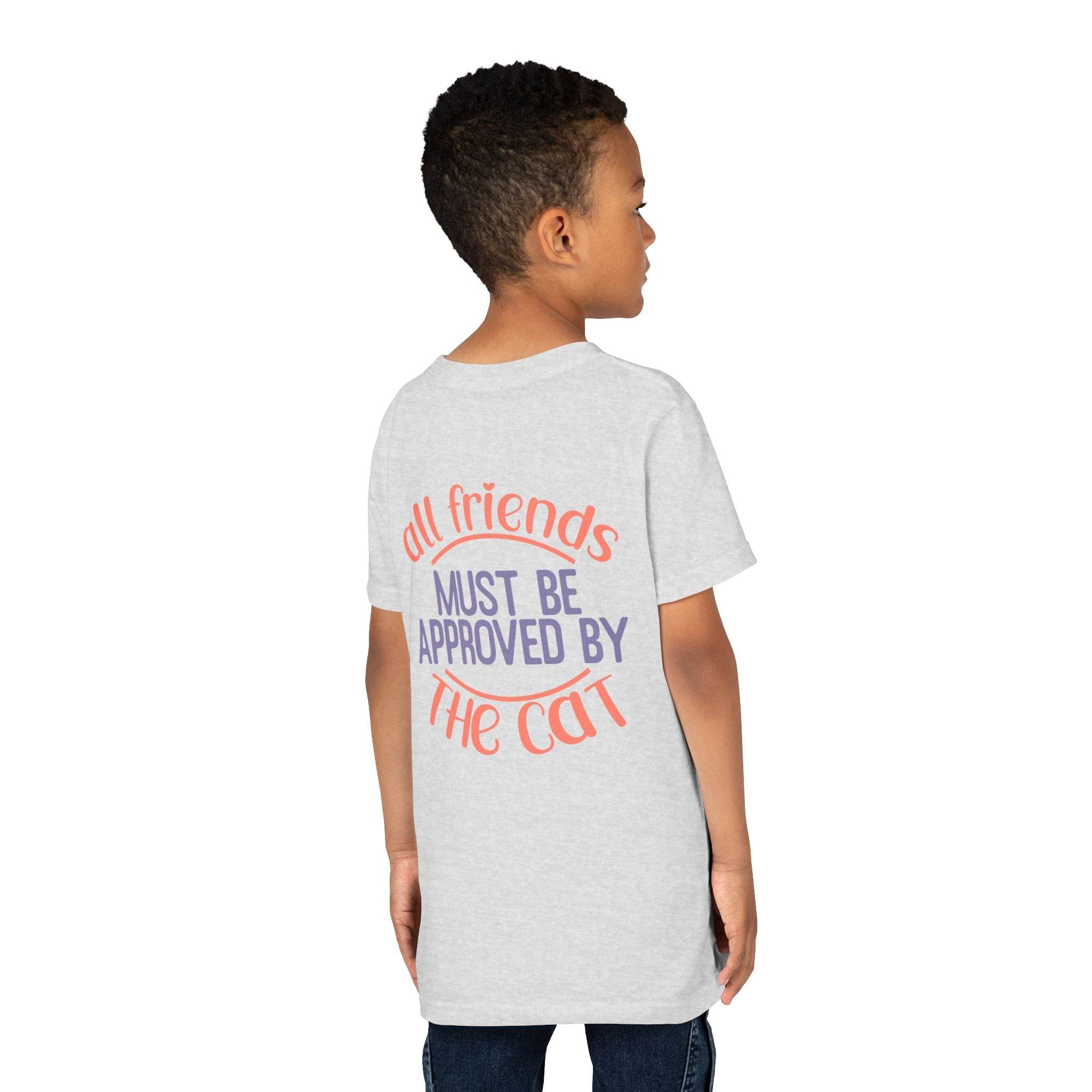 Printify eco-friendly cat t-shirt worn by child with friend approval cat text on back