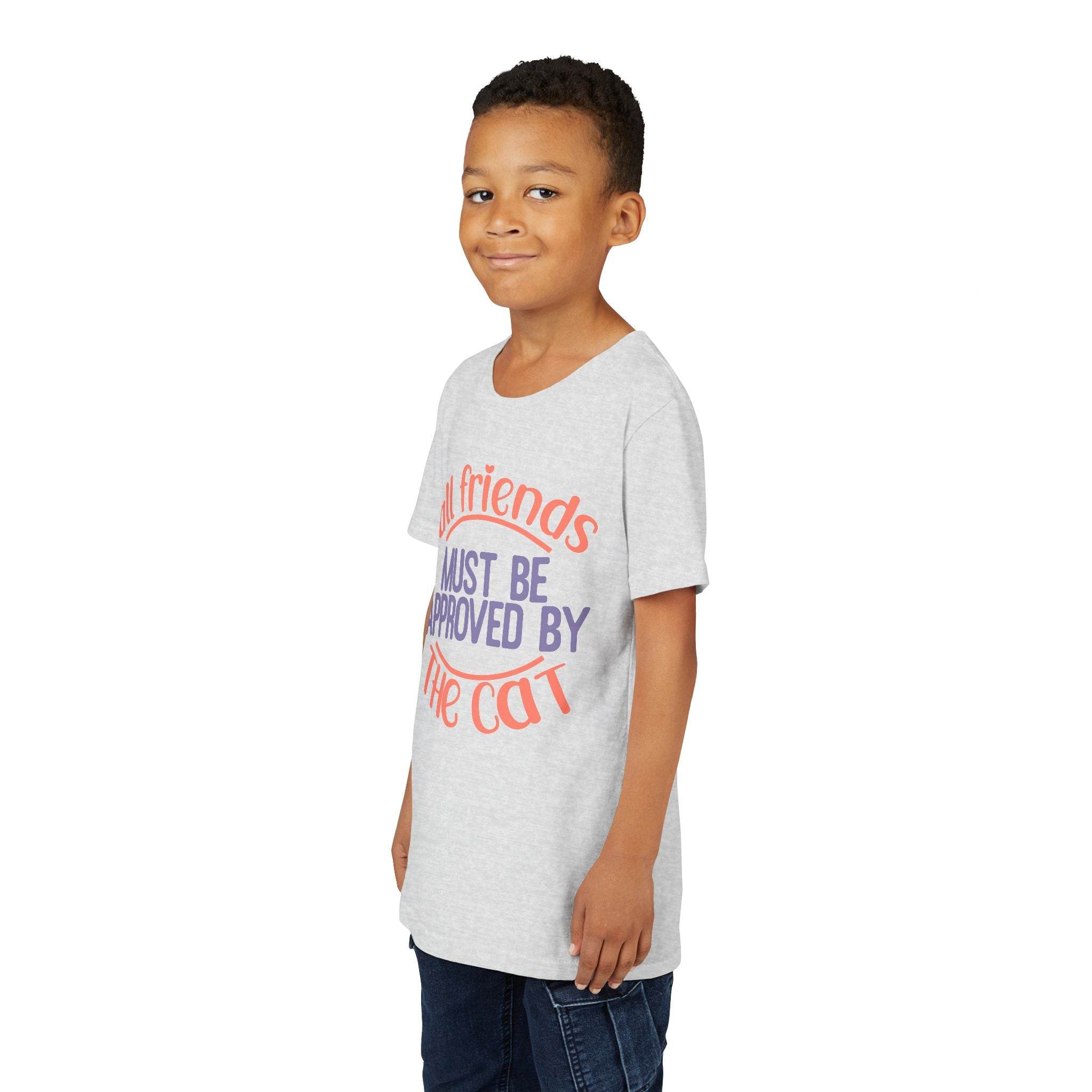 Boy wearing Printify eco-friendly cat t-shirt with friends must be approved by the cat text