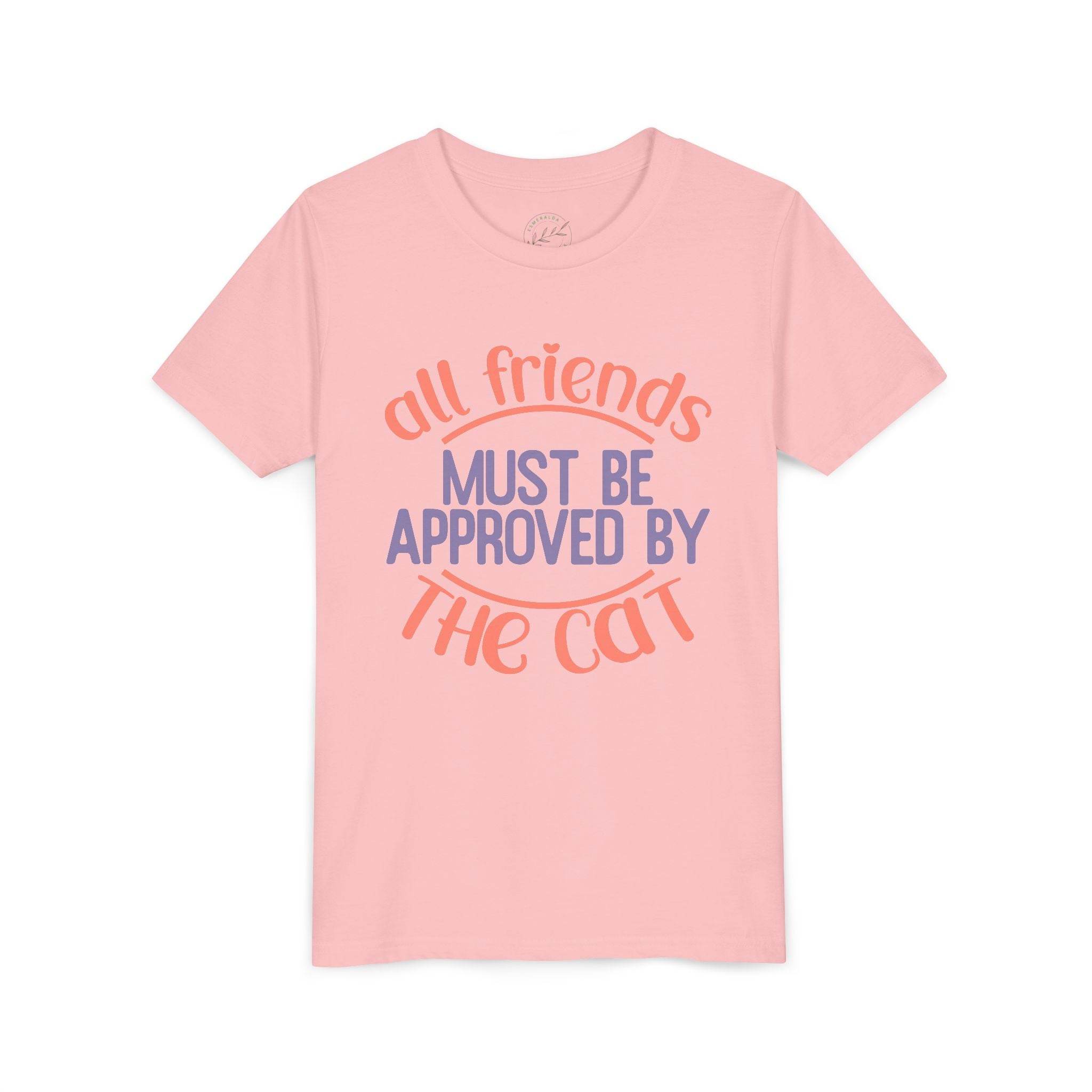 Printify pink eco-friendly cat t-shirt with all friends must be approved by the cat text