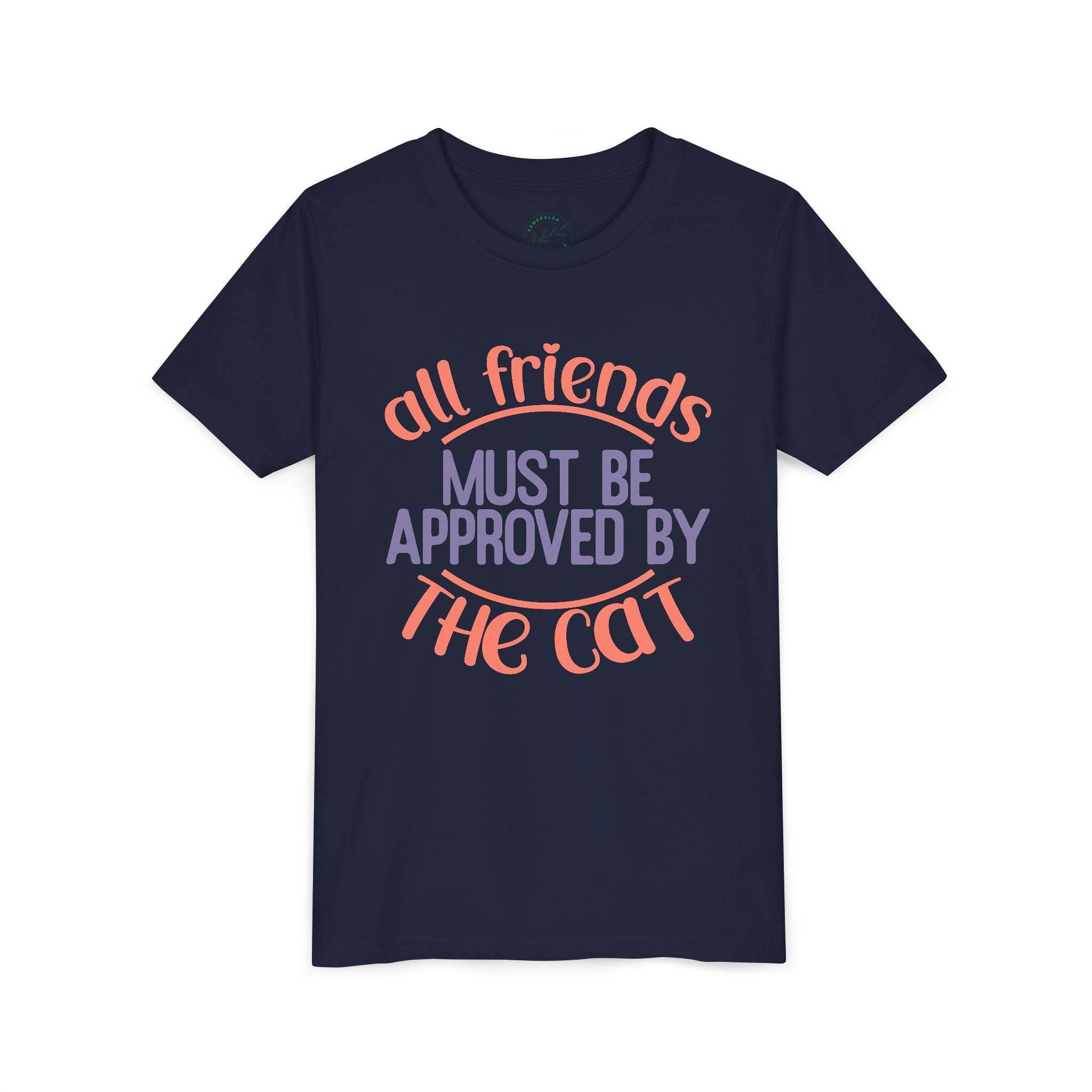 Printify navy eco-friendly cat t-shirt with quote all friends must be approved by the cat