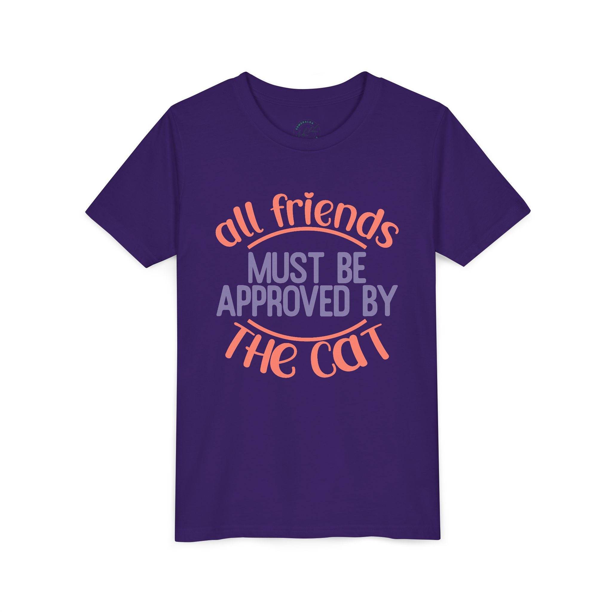 Purple eco-friendly cat t-shirt by Printify with all friends must be approved by the cat text