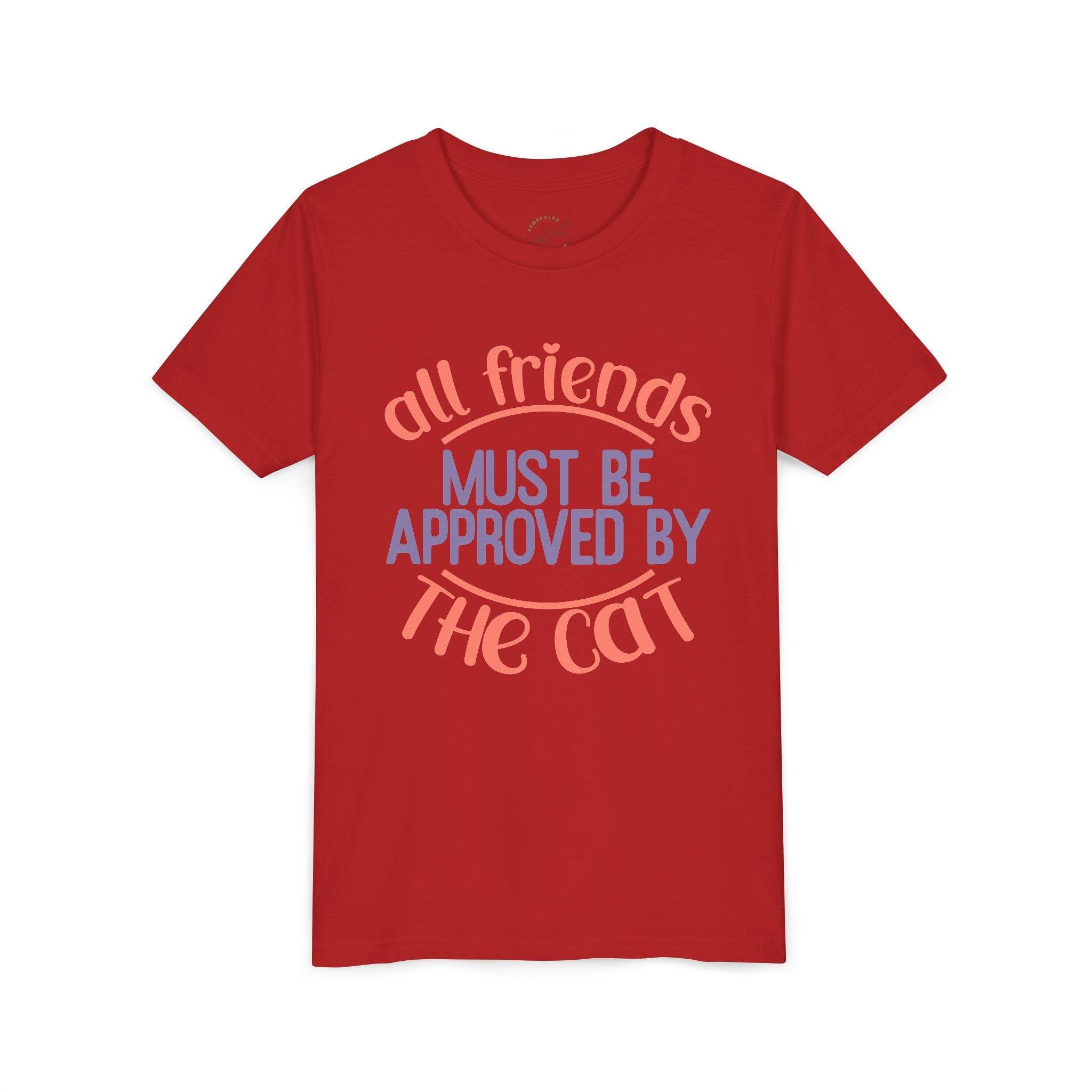 Printify eco-friendly cat t-shirt in red with must be approved by the cat graphic text