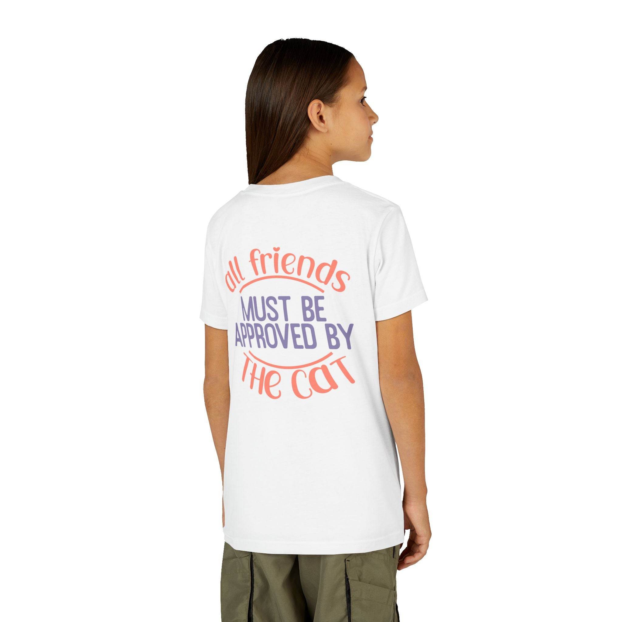 Printify white eco-friendly cat t-shirt with All friends must be approved by the cat text on back worn by child