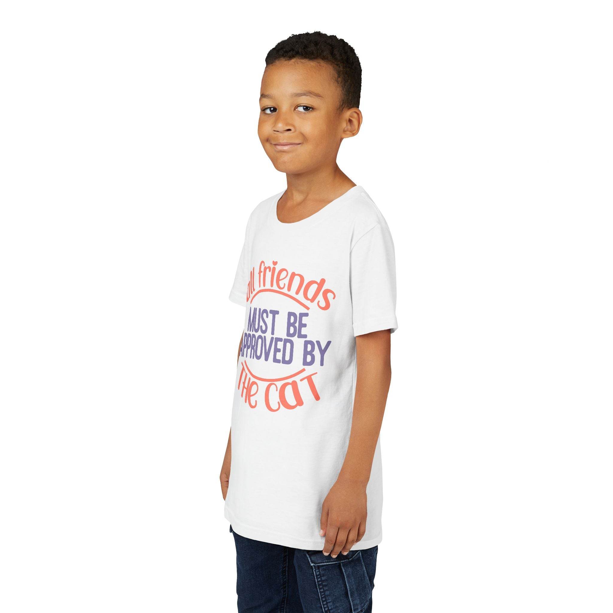Boy wearing a Printify eco-friendly cat t-shirt with text friends must be approved by the cat