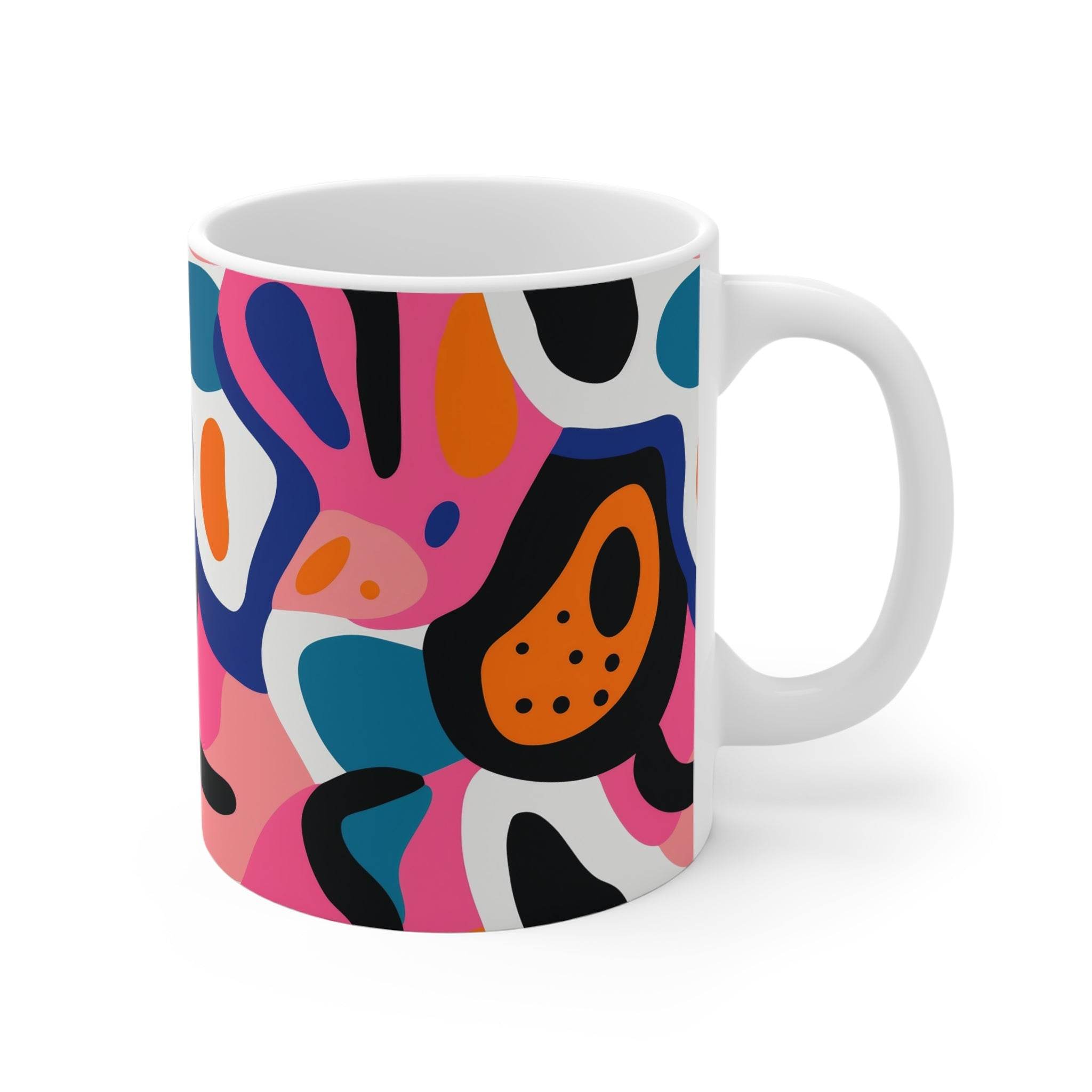 Printify eco-friendly ceramic mugs with colorful abstract design and white handle