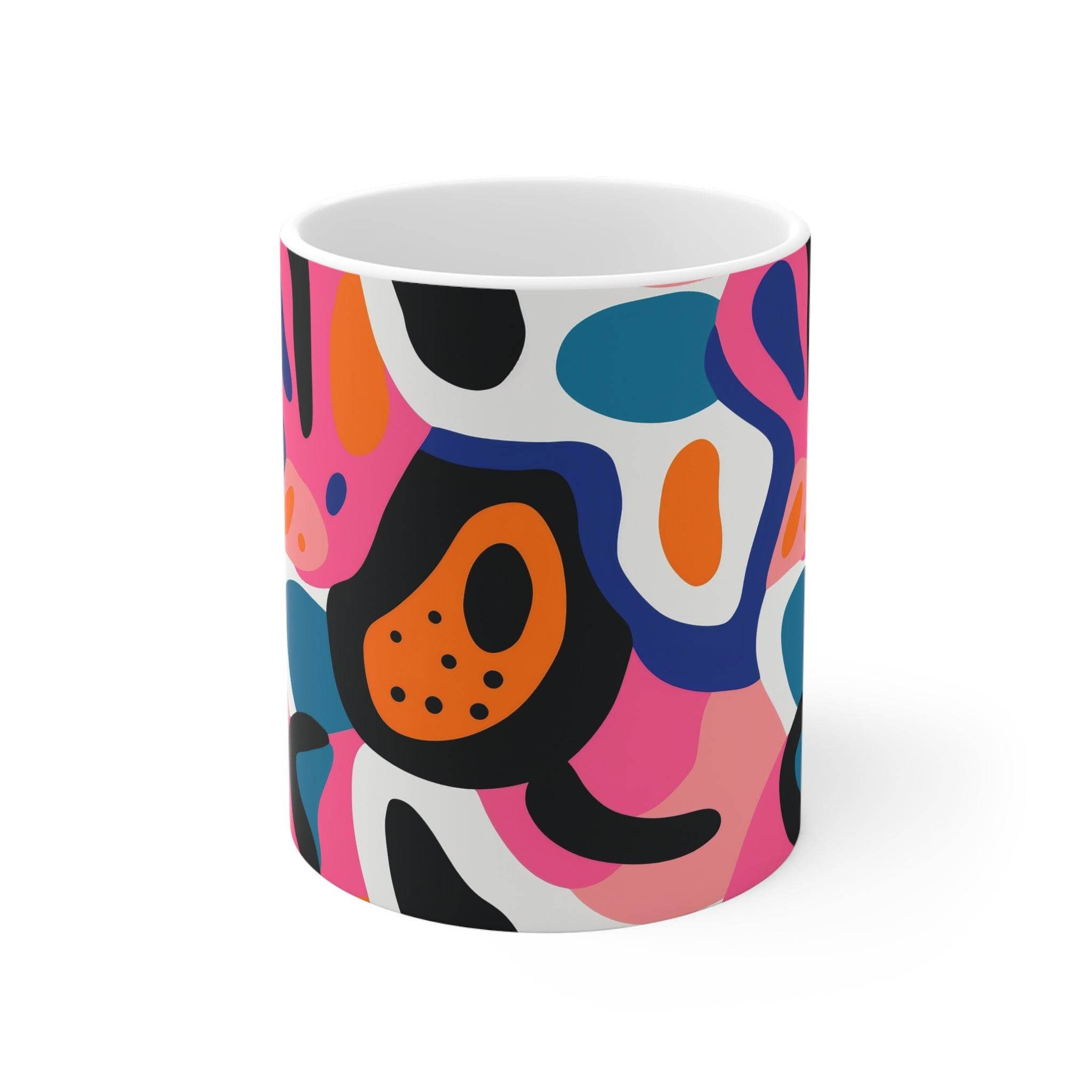 Printify eco-friendly ceramic mugs with colorful abstract art design and smooth white interior