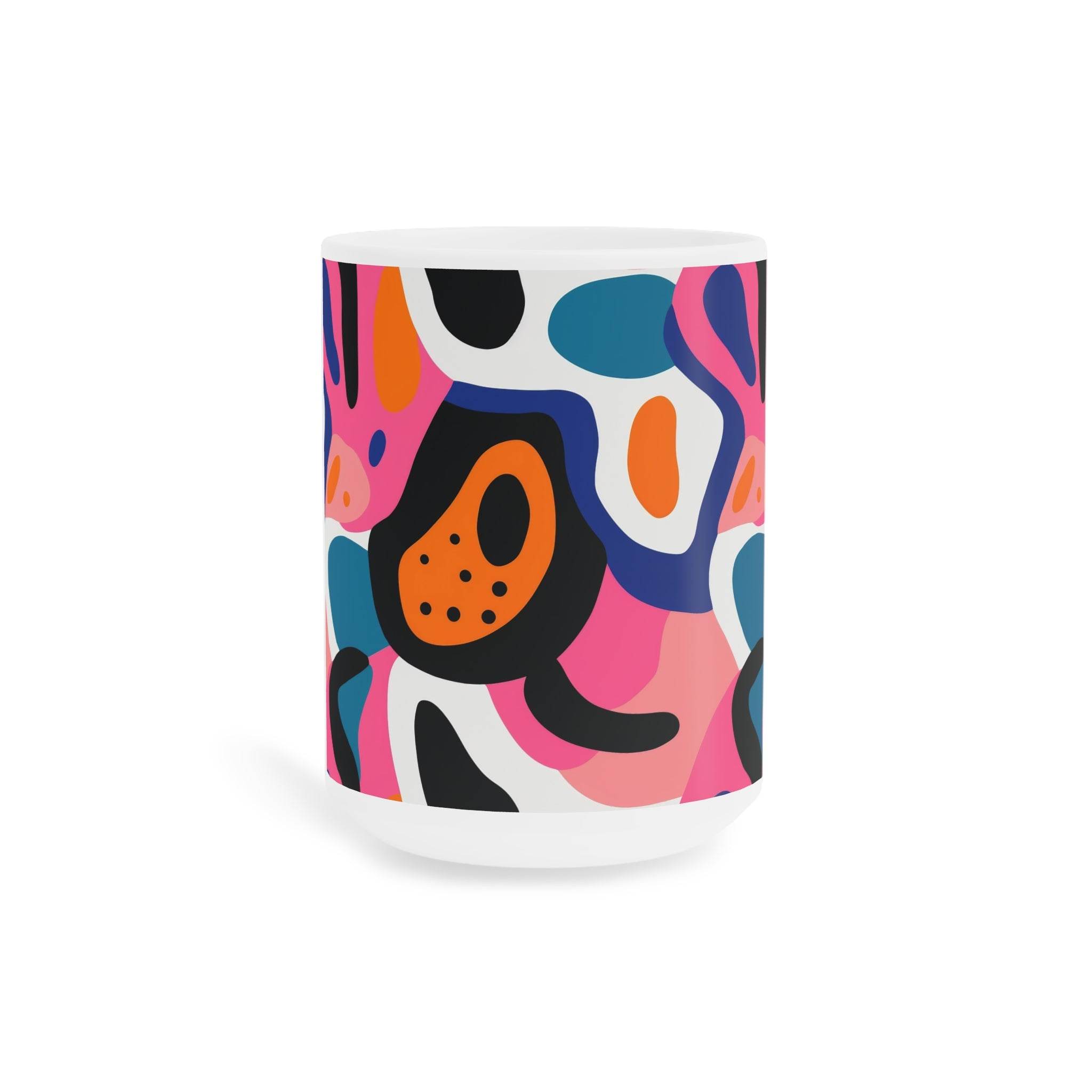Printify eco-friendly ceramic mugs with colorful abstract design on white background