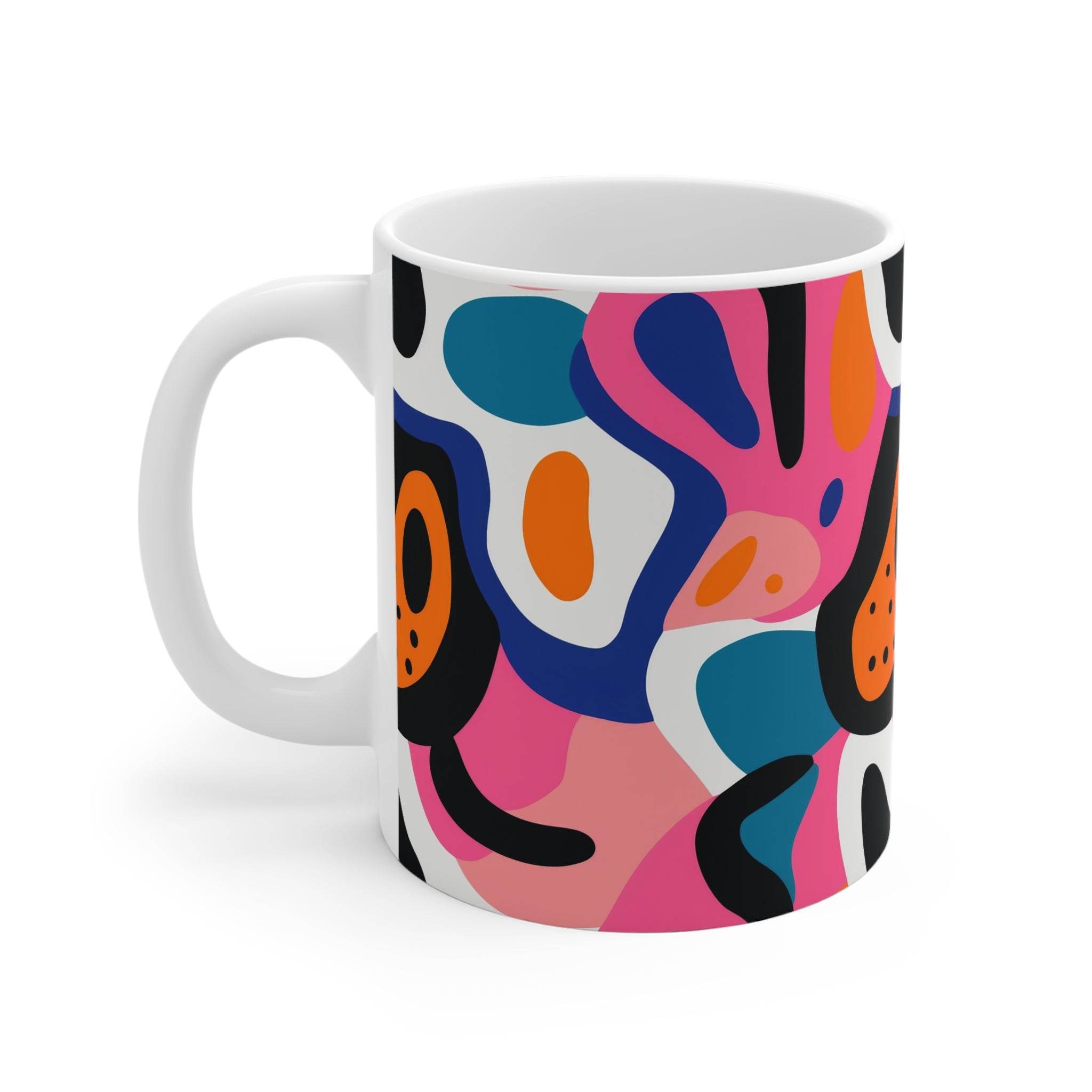 Printify eco-friendly ceramic mugs with colorful abstract floral design and white handle