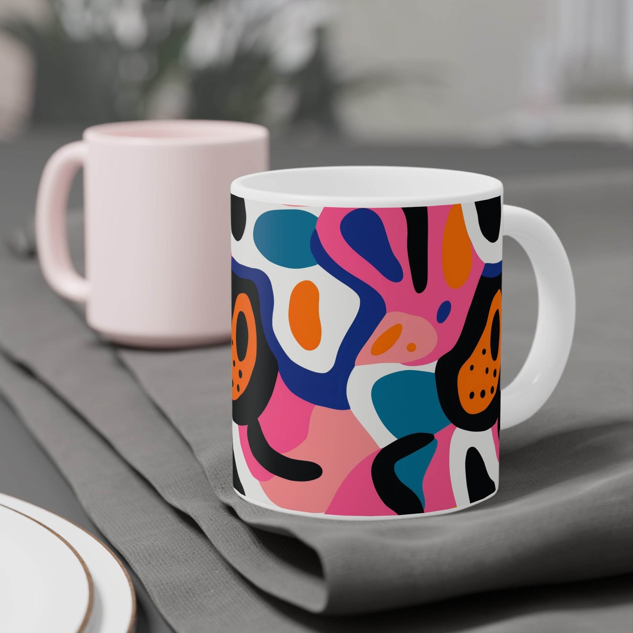 Printify colorful abstract design eco-friendly ceramic mugs with white and pastel pink options