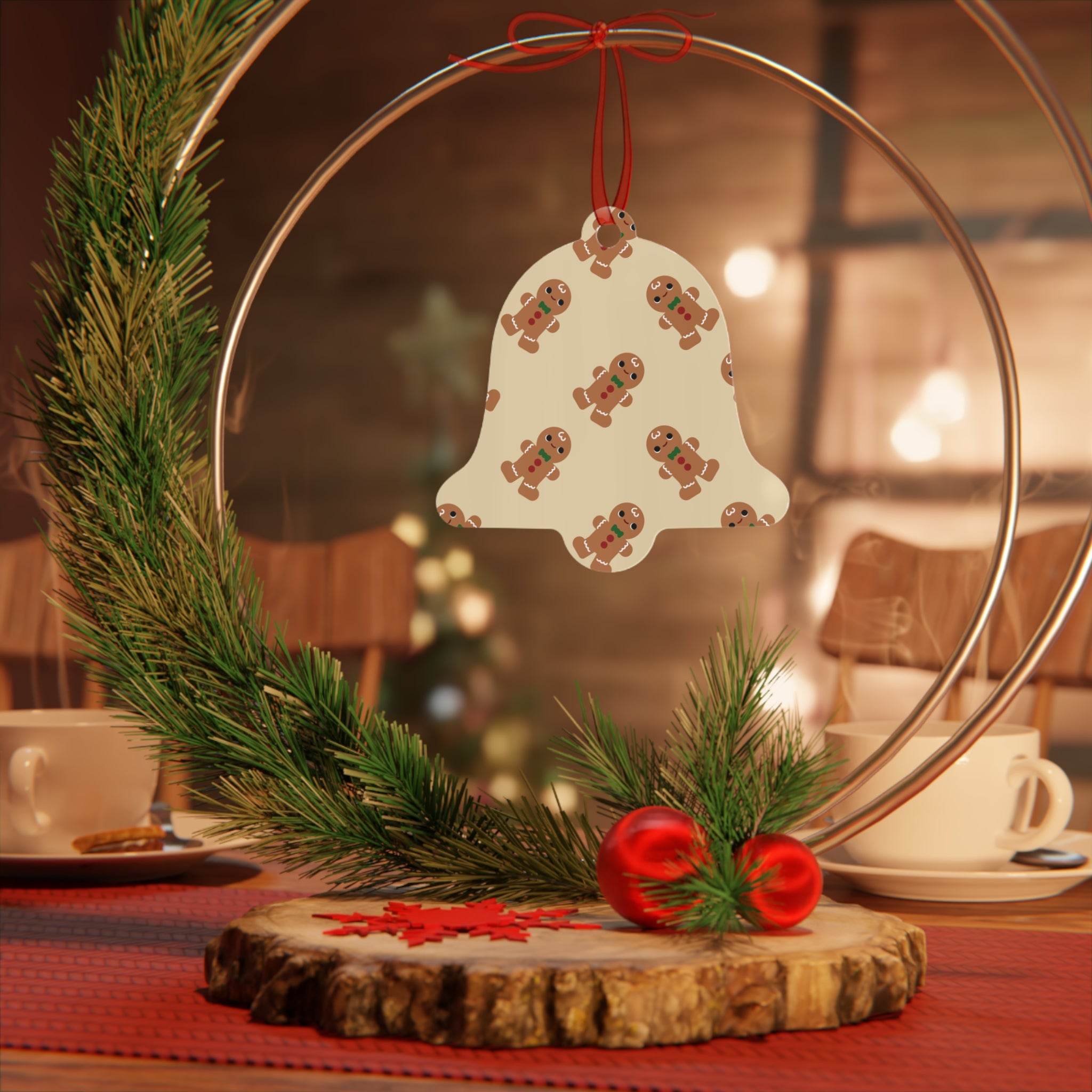 Eco-friendly Christmas ornaments bell-shaped decoration with gingerbread print hanging on wreath by Printify