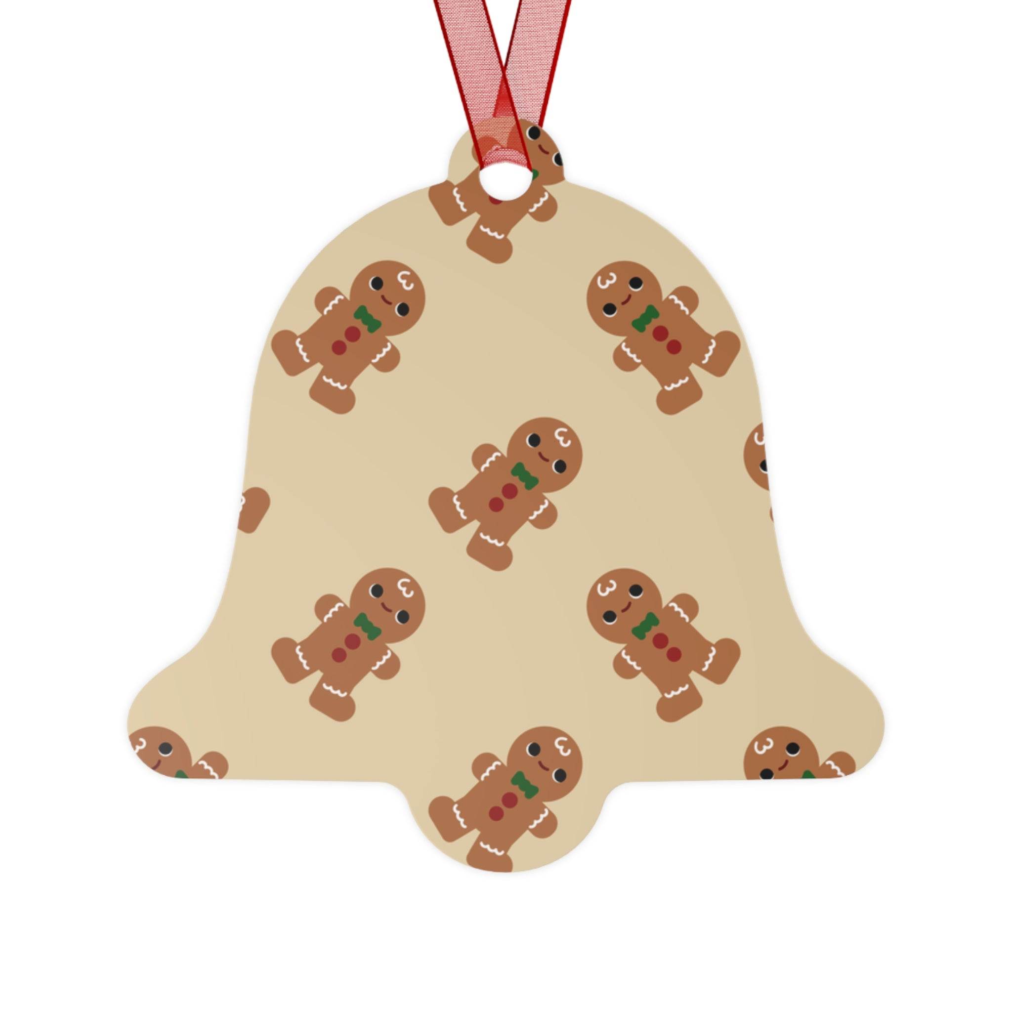 Bell-shaped eco-friendly Christmas ornaments with gingerbread man pattern and red ribbon by Printify