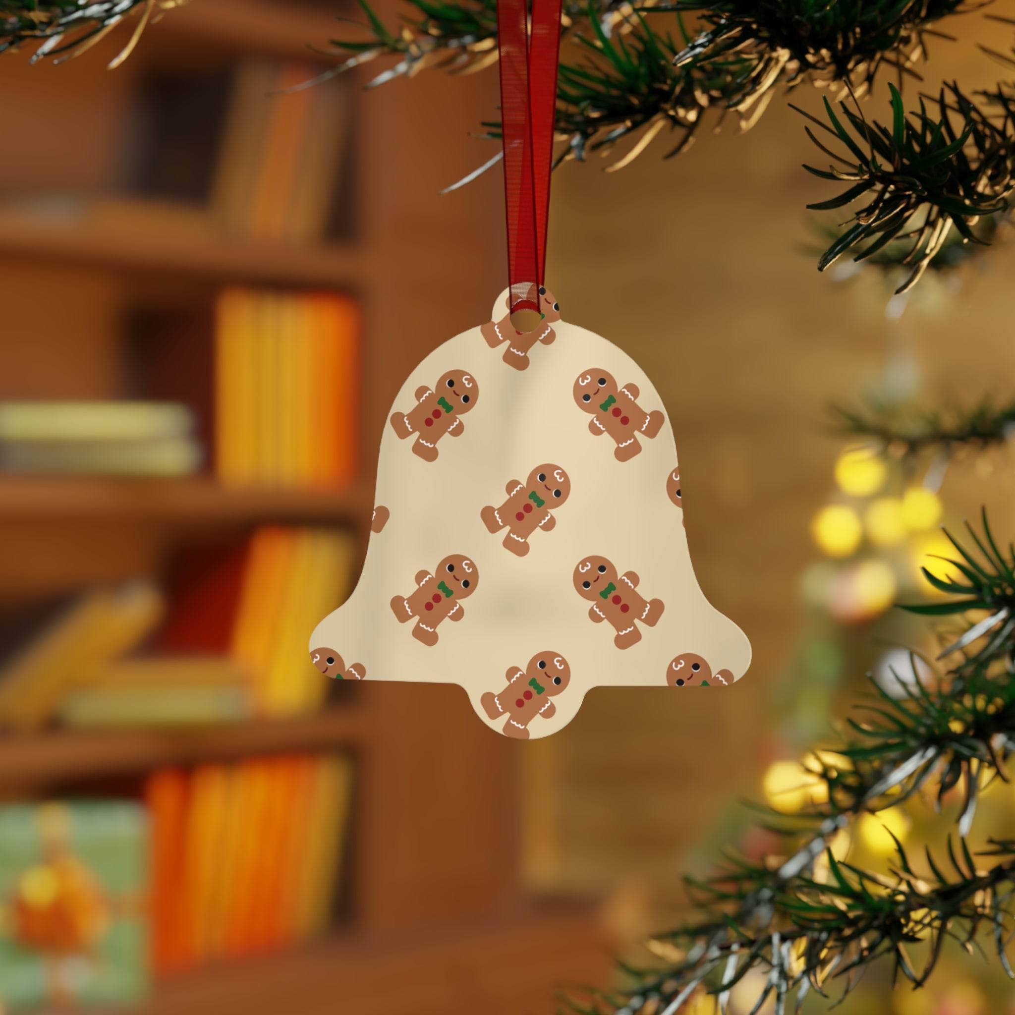 Eco-friendly Christmas ornaments bell shaped with gingerbread man print hanging on tree with red ribbon