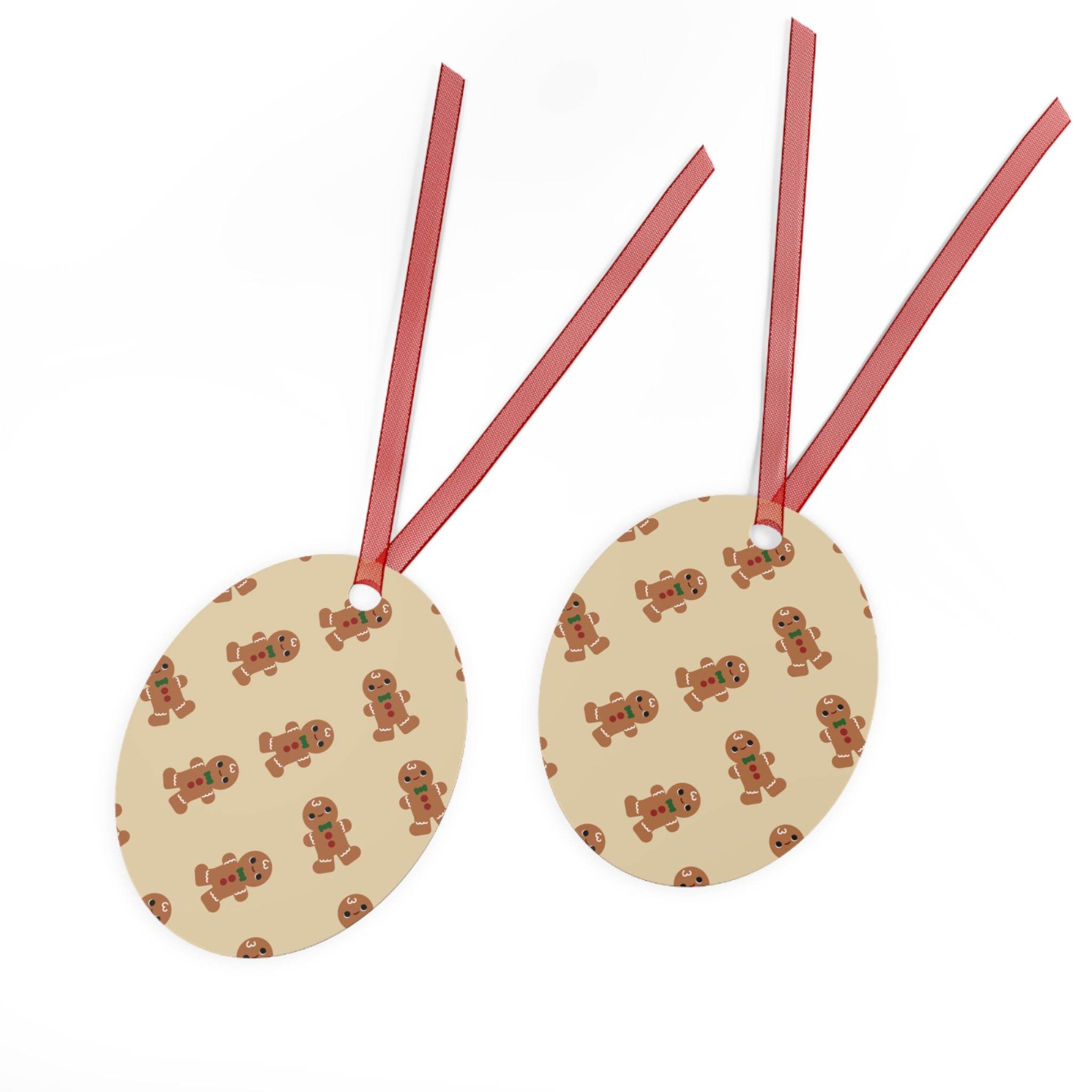 Printify eco-friendly Christmas ornaments featuring gingerbread man pattern with red hanging ribbons