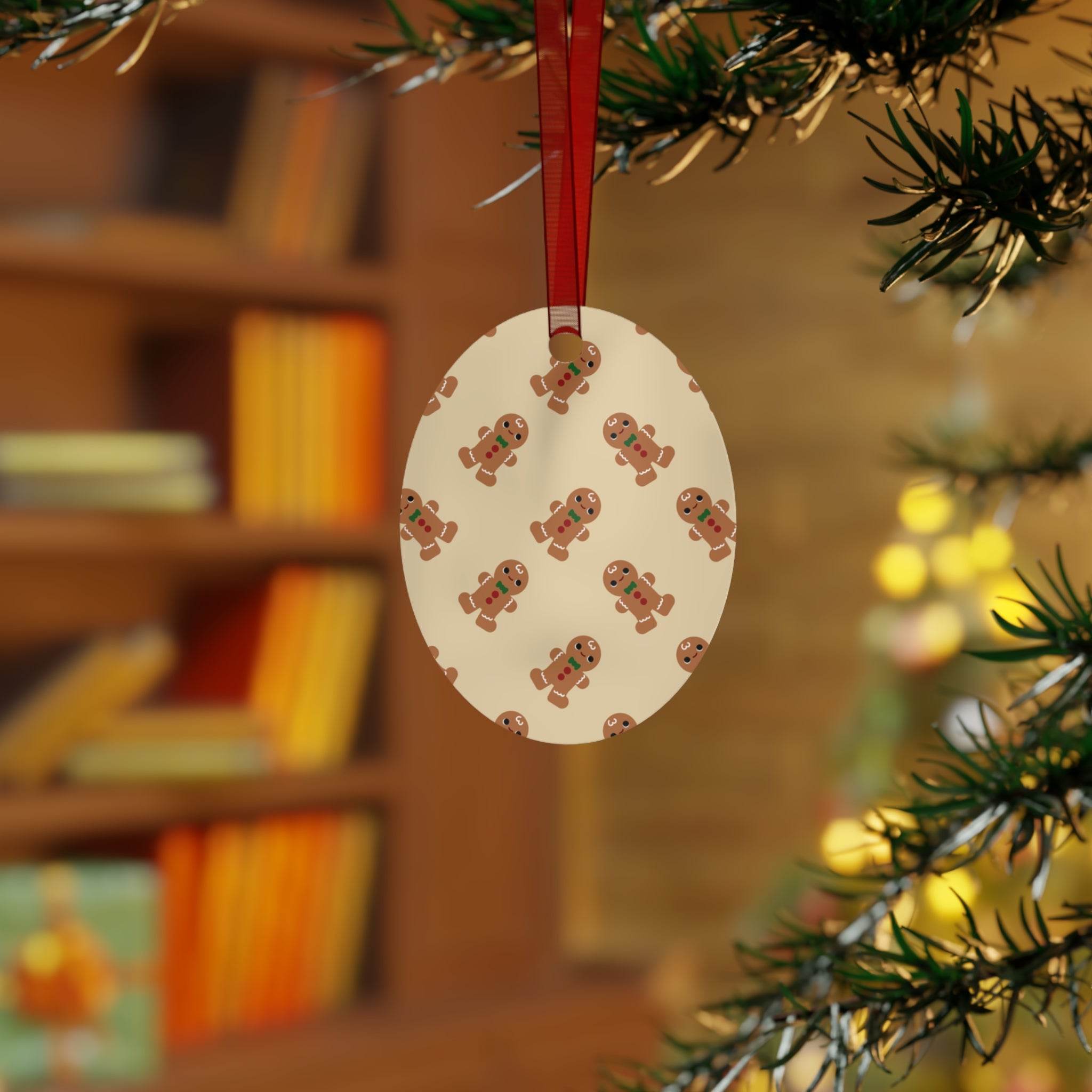 Eco-friendly Christmas ornaments with gingerbread man pattern hanging on tree with red ribbon