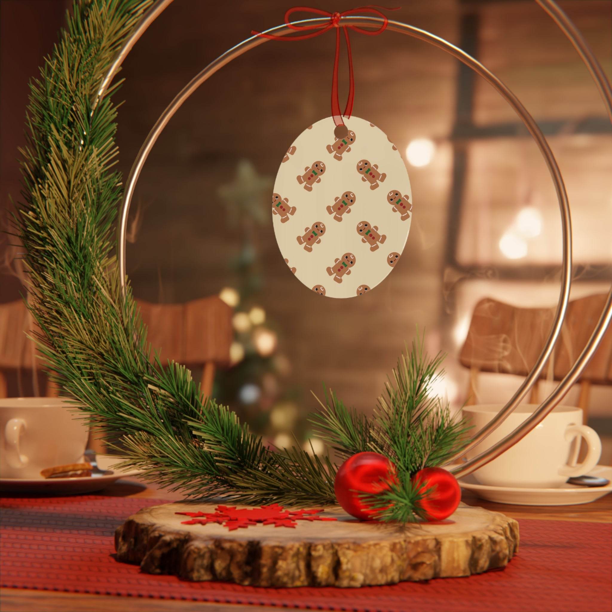 Printify eco-friendly Christmas ornaments with gingerbread design hanging on circular pine wreath centerpiece
