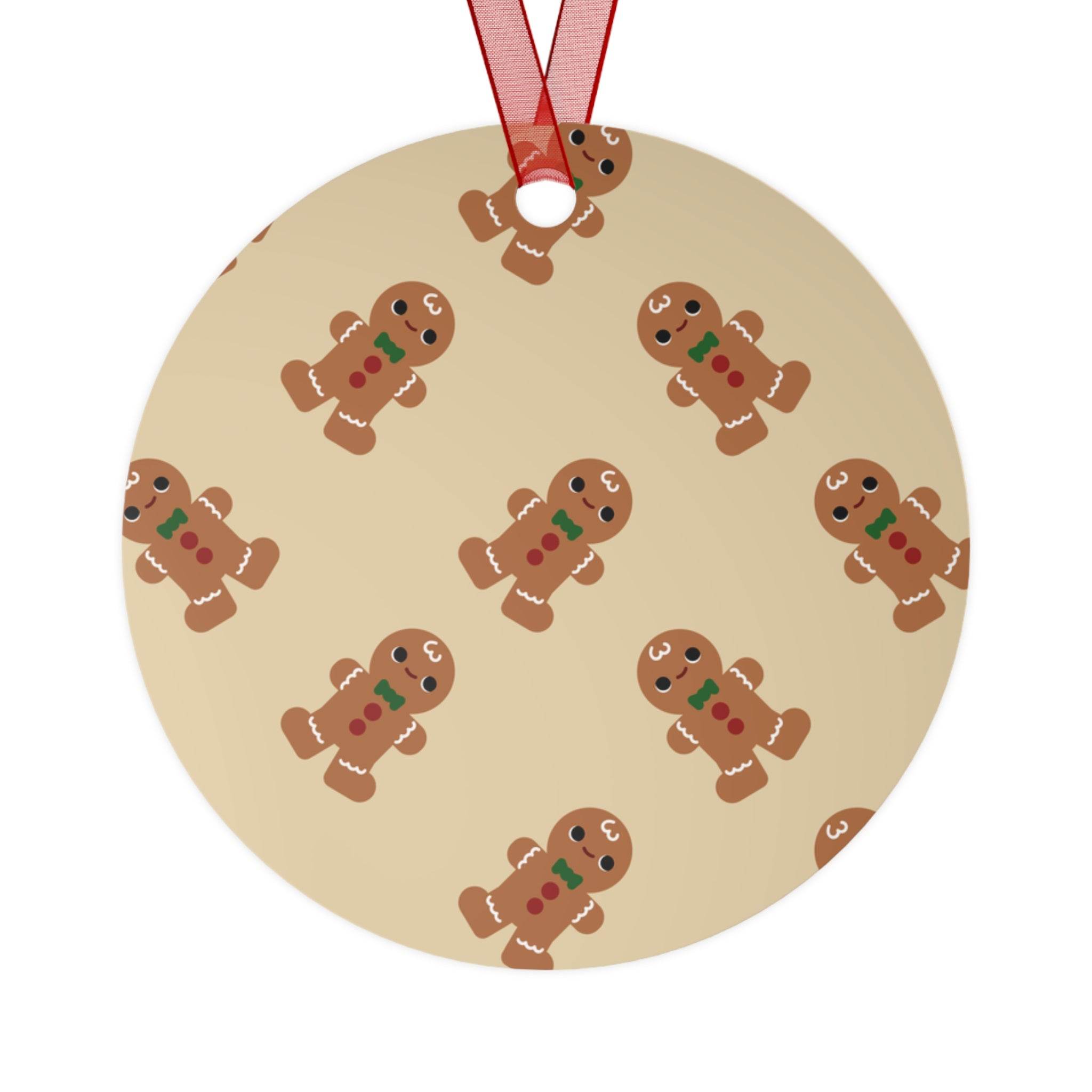 Round eco-friendly Christmas ornaments with gingerbread man pattern and red ribbon by Printify