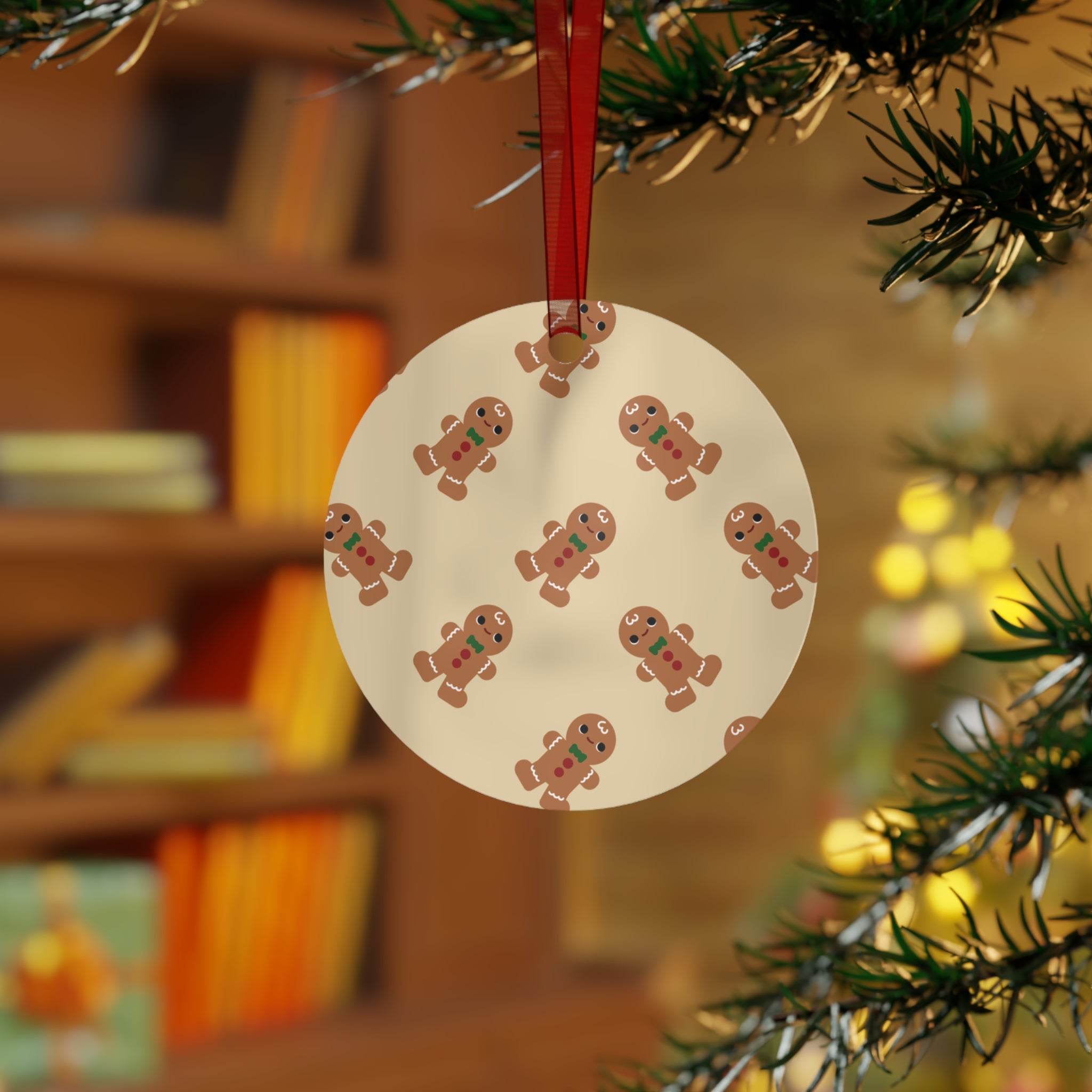 Round eco-friendly Christmas ornaments with gingerbread man pattern hanging on Christmas tree branch
