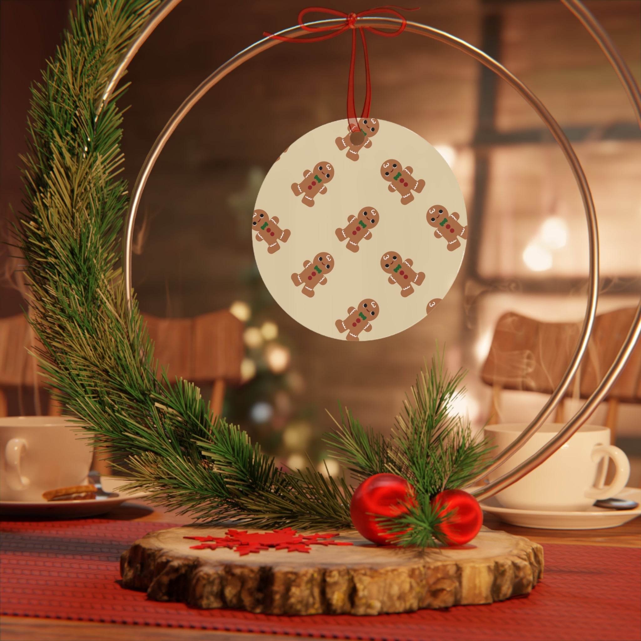 Printify eco-friendly Christmas ornaments featuring gingerbread design hanging on decorative pine wreath