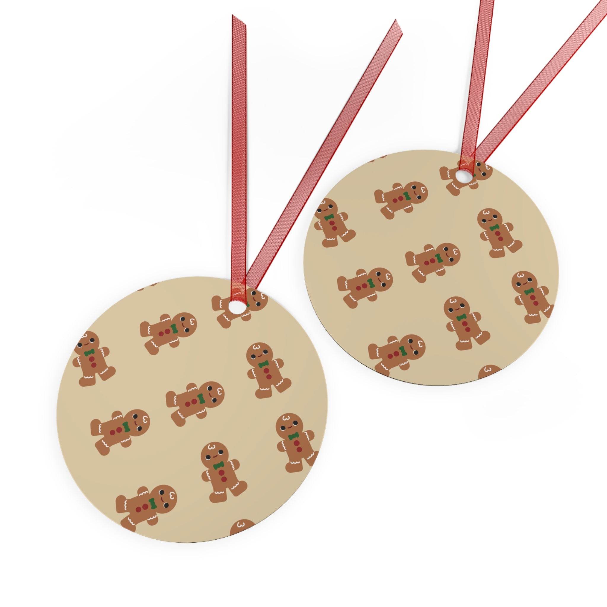 Printify gingerbread cookie design eco-friendly Christmas ornaments with red hanging ribbons