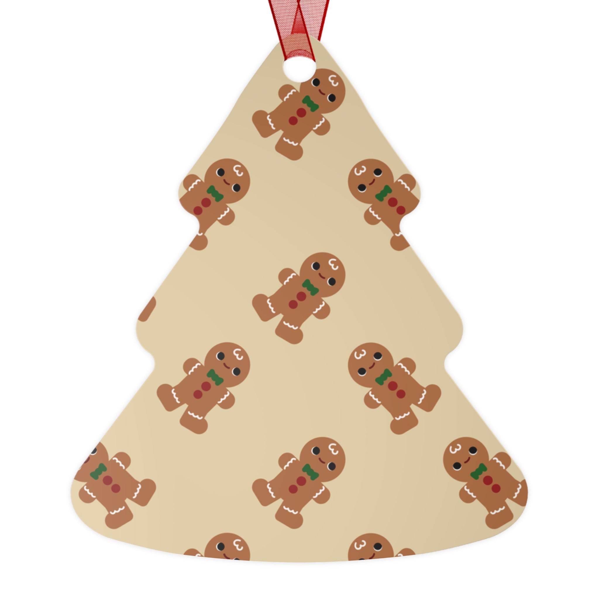 Printify eco-friendly Christmas ornaments shaped like a Christmas tree with gingerbread man pattern and red ribbon