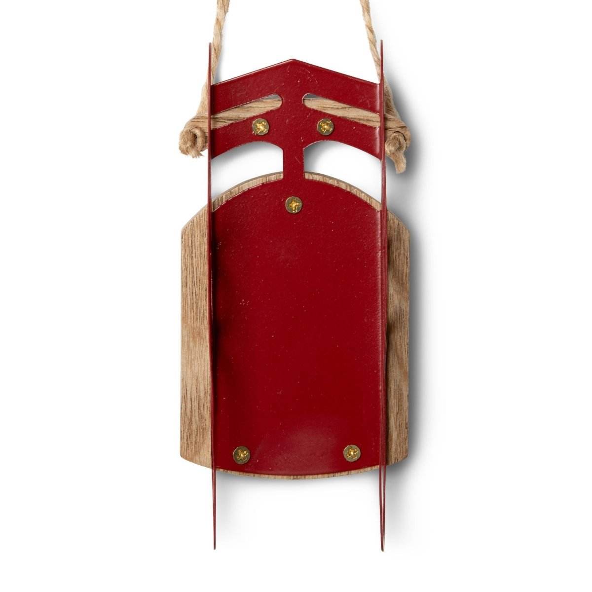 Printify red and wooden sled eco-friendly Christmas ornaments with rustic rope hanger