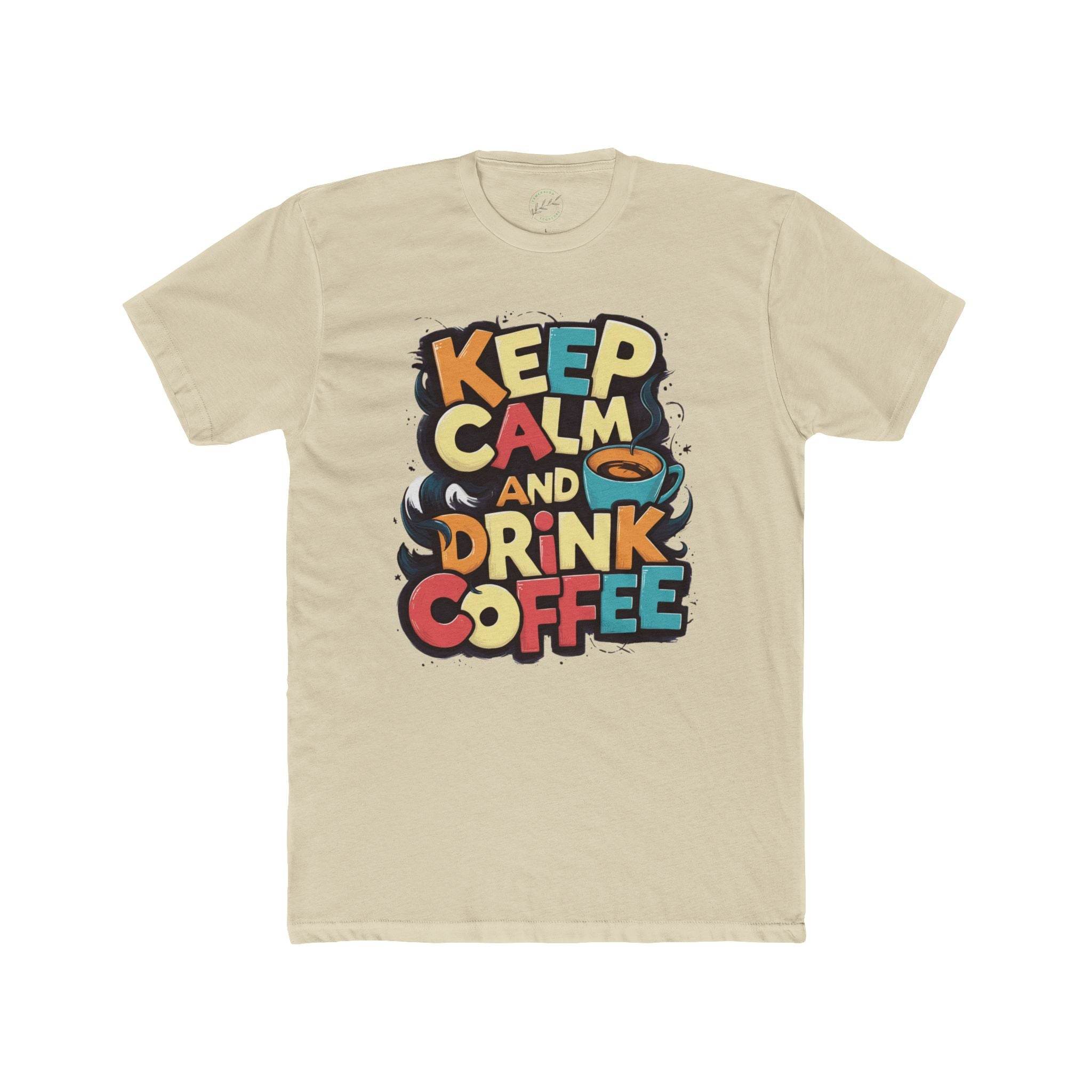 Printify eco-friendly coffee t-shirt with Keep Calm and Drink Coffee colorful graphic on beige fabric