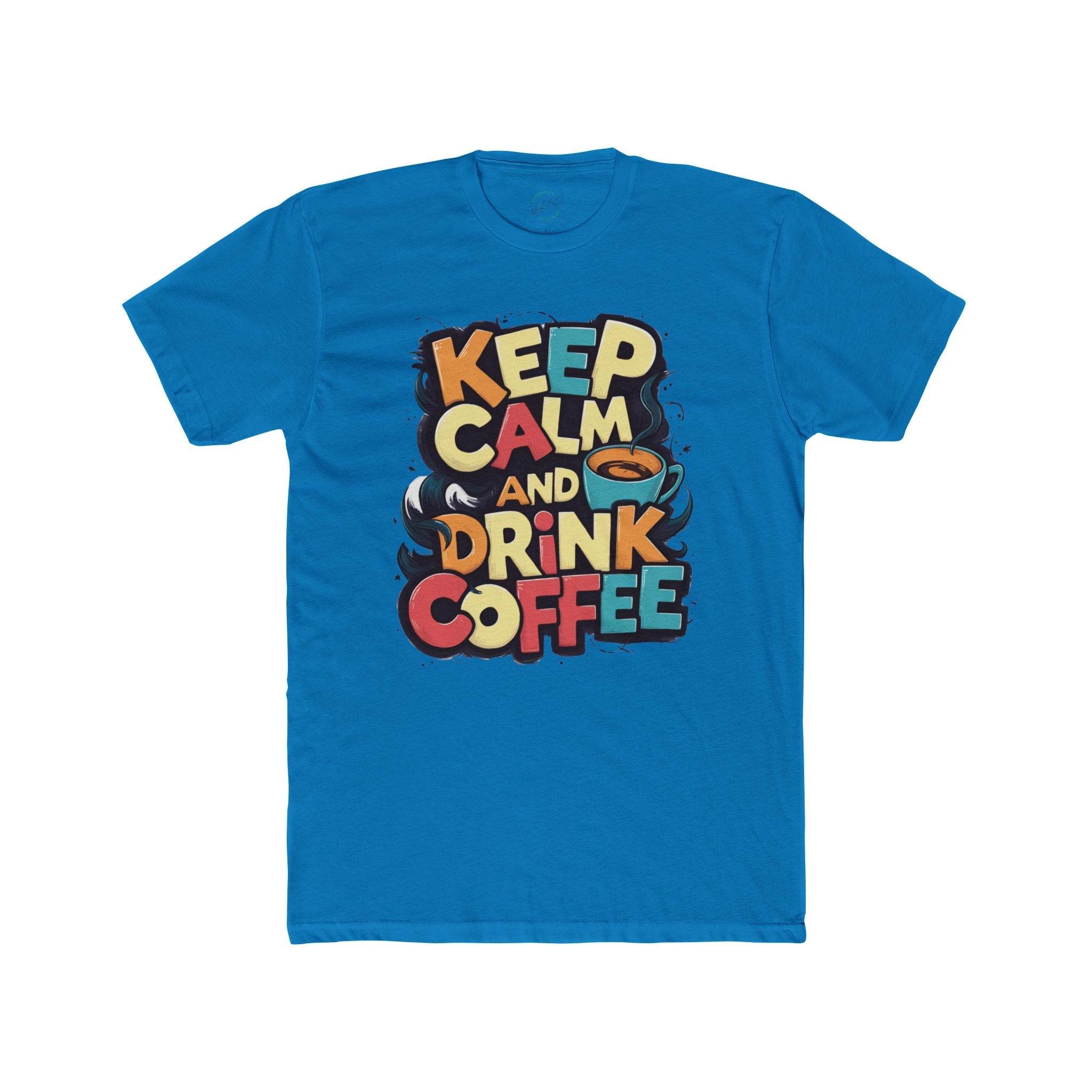 Printify blue eco-friendly coffee t-shirt with colorful Keep Calm and Drink Coffee design
