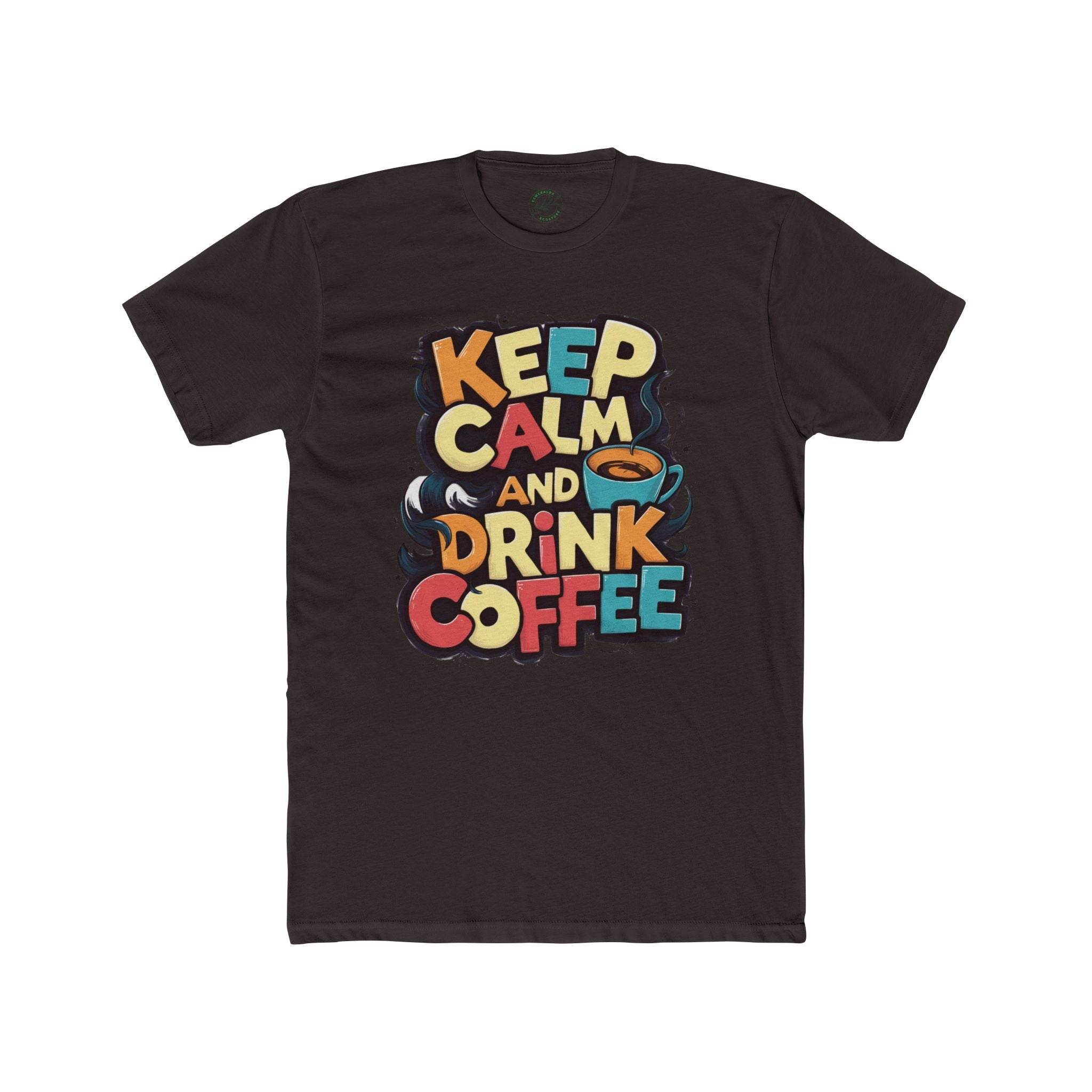 Printify black eco-friendly coffee t-shirt with colorful Keep Calm and Drink Coffee design