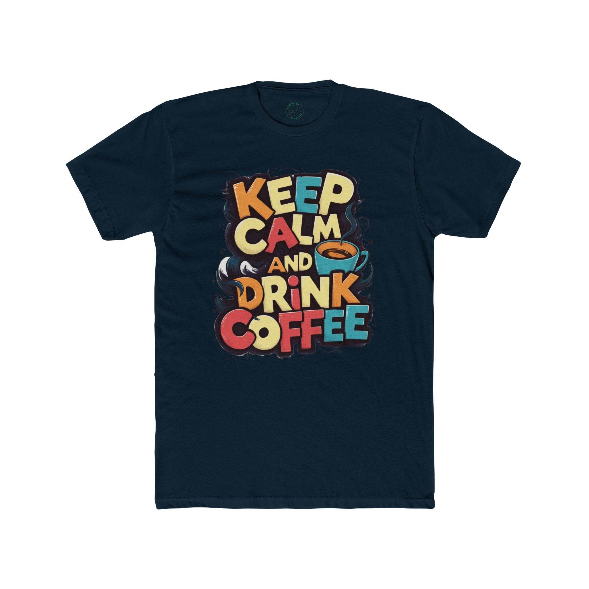 Printify eco-friendly coffee t-shirt with Keep Calm and Drink Coffee colorful design on black tee