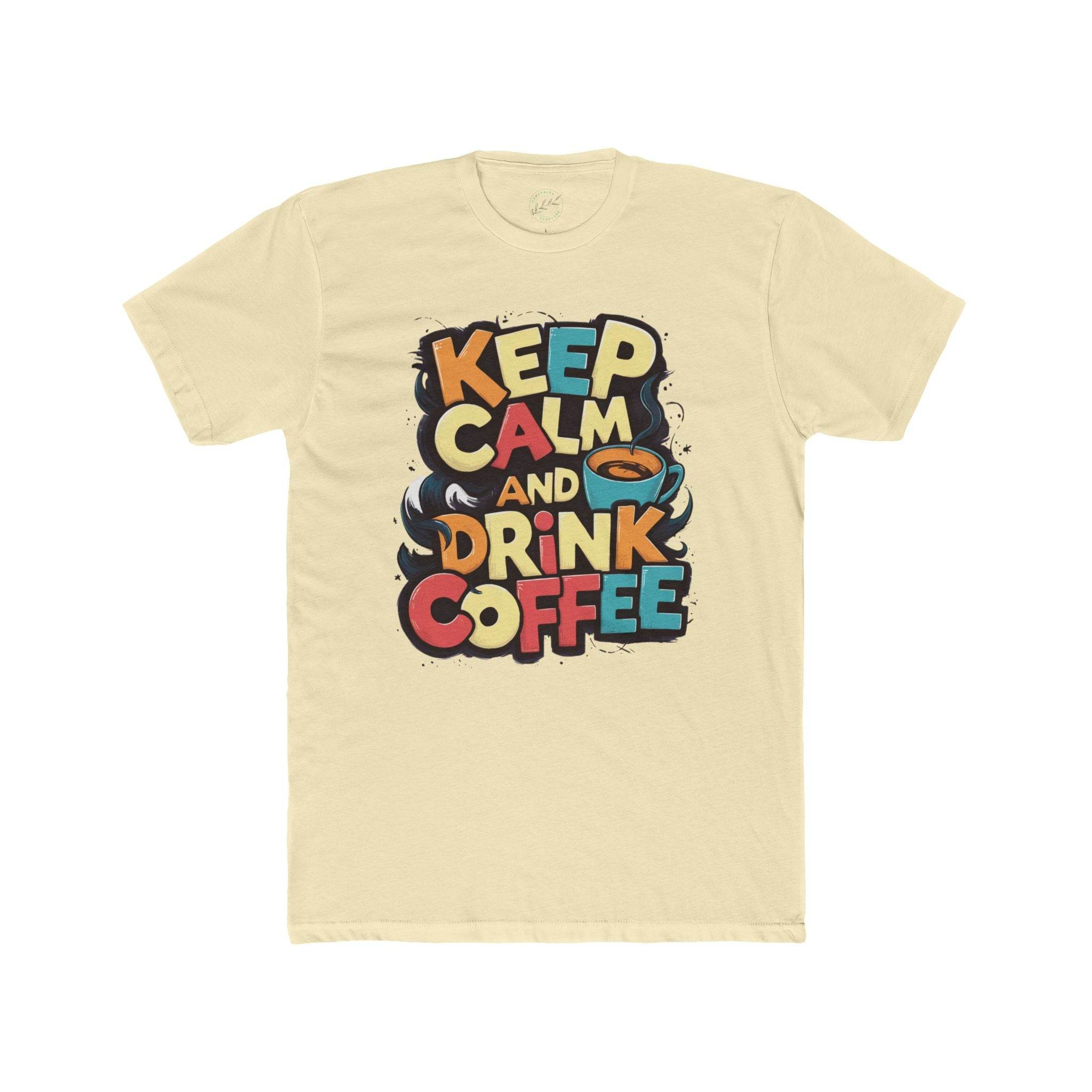 Printify eco-friendly coffee t-shirt with Keep Calm and Drink Coffee colorful graphic design