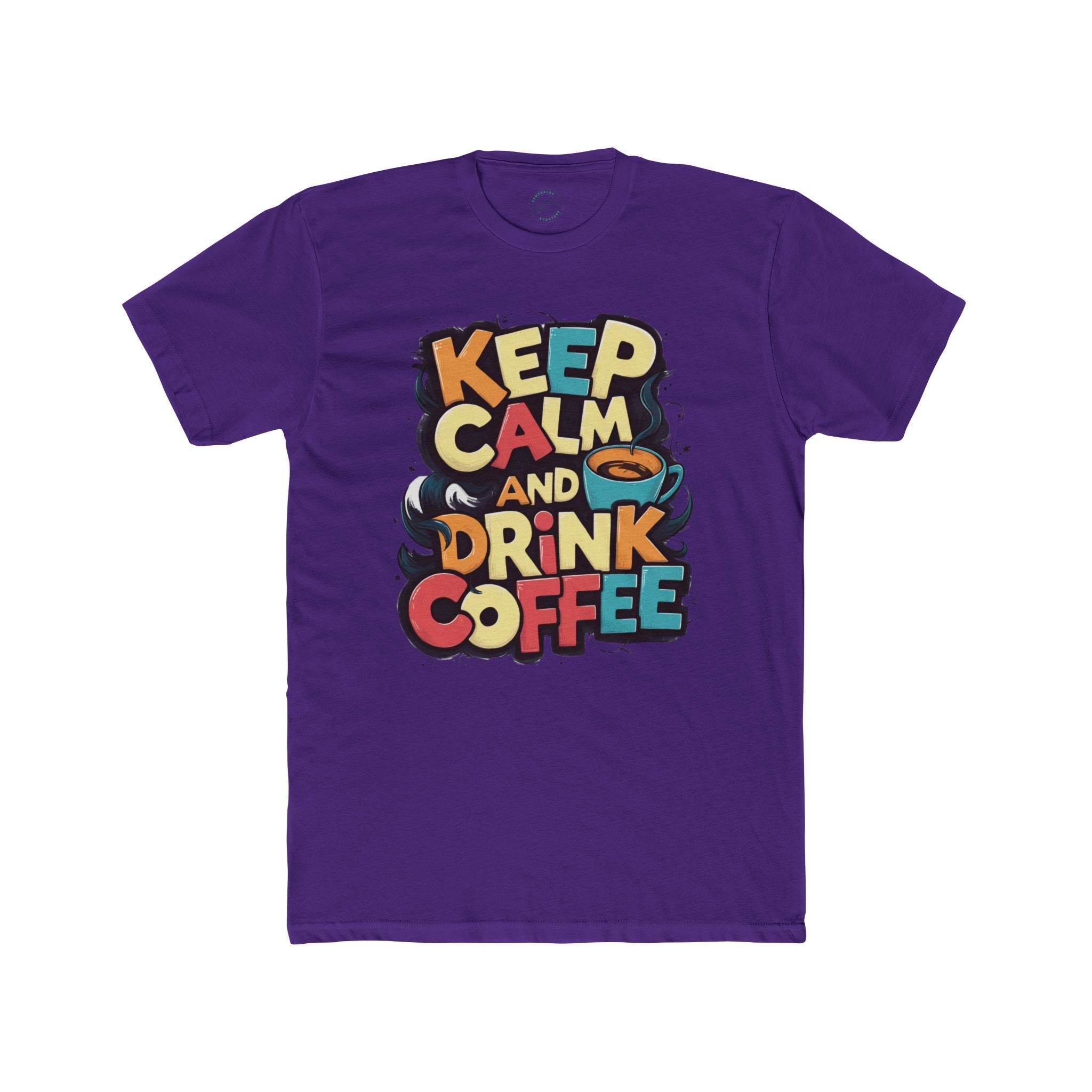Purple eco-friendly coffee t-shirt with colorful Keep Calm and Drink Coffee graphic
