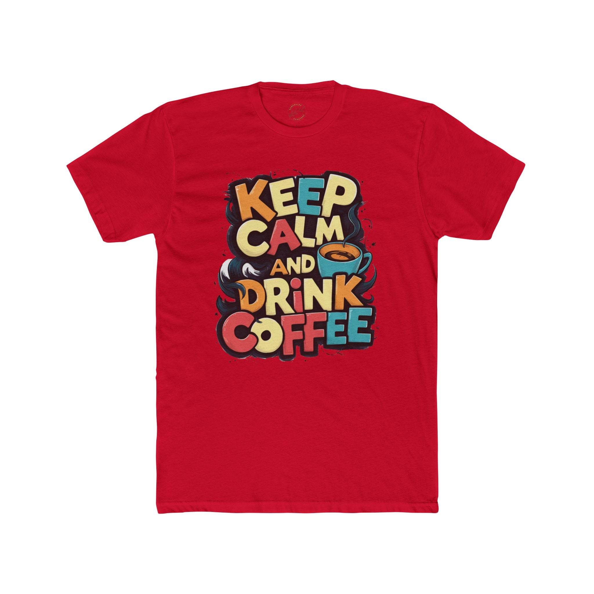 Red Printify eco-friendly coffee t-shirt with Keep Calm and Drink Coffee graphic design