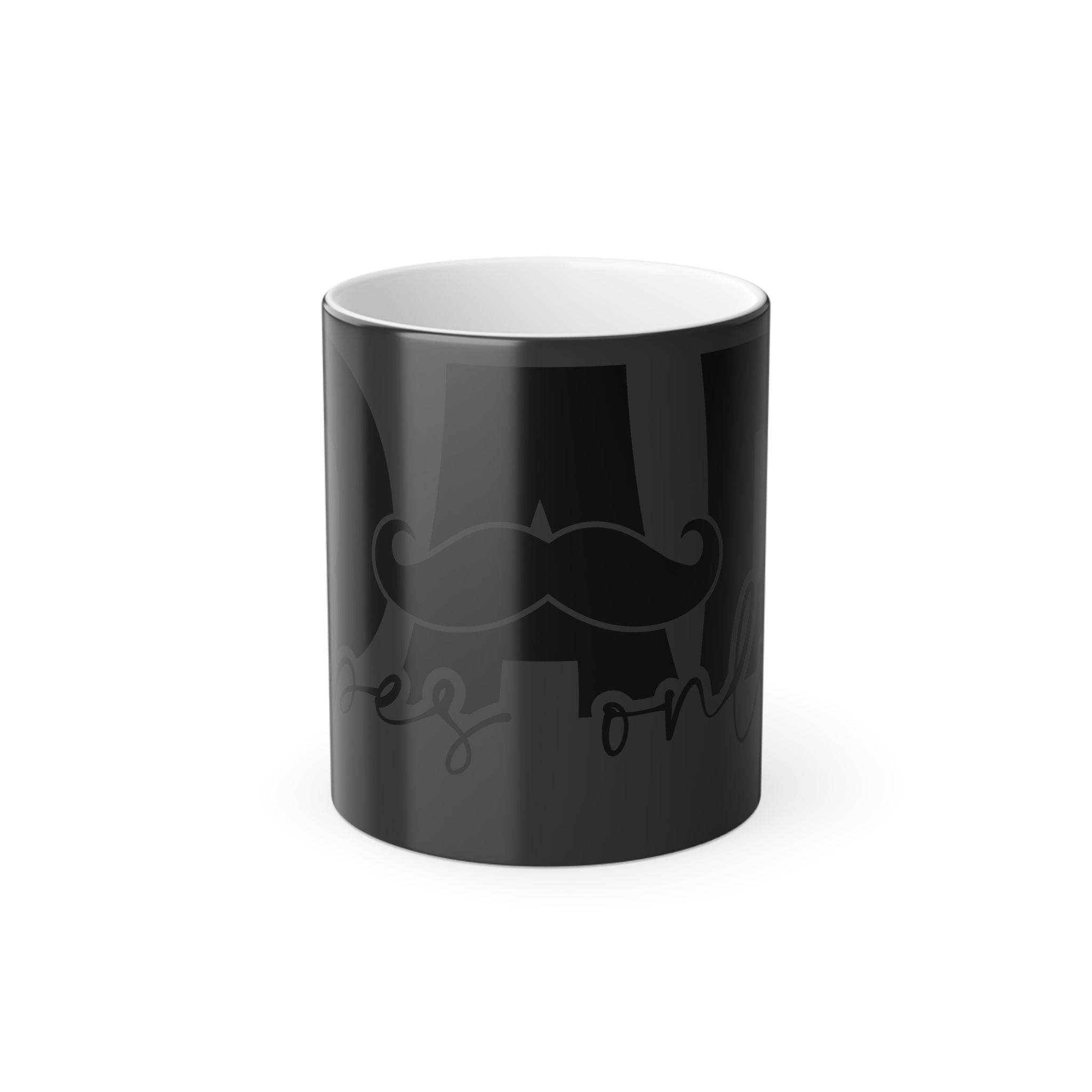 Printify black eco-friendly color changing mug with mustache design and white interior