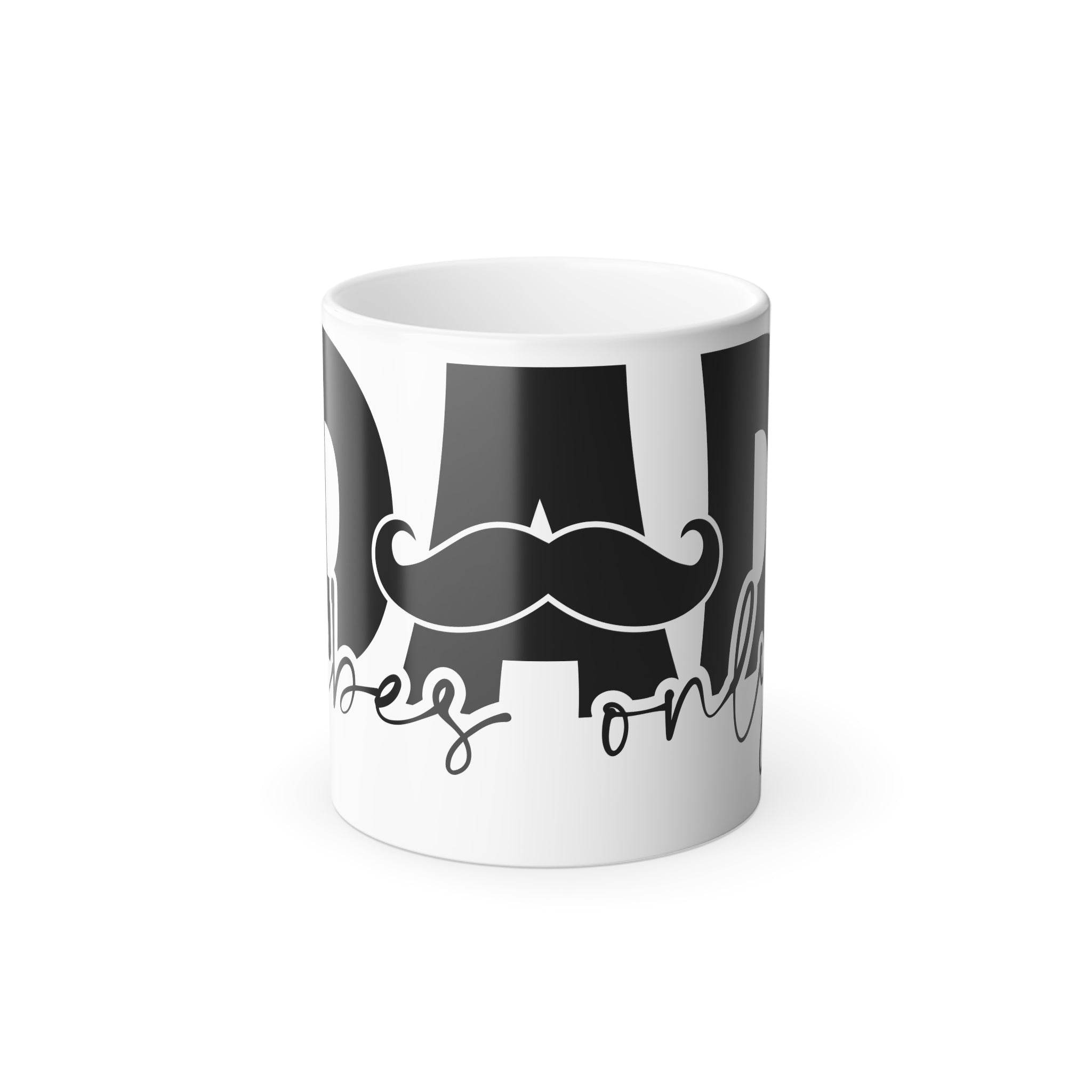Printify eco-friendly color changing mug with black mustache design and bold lettering