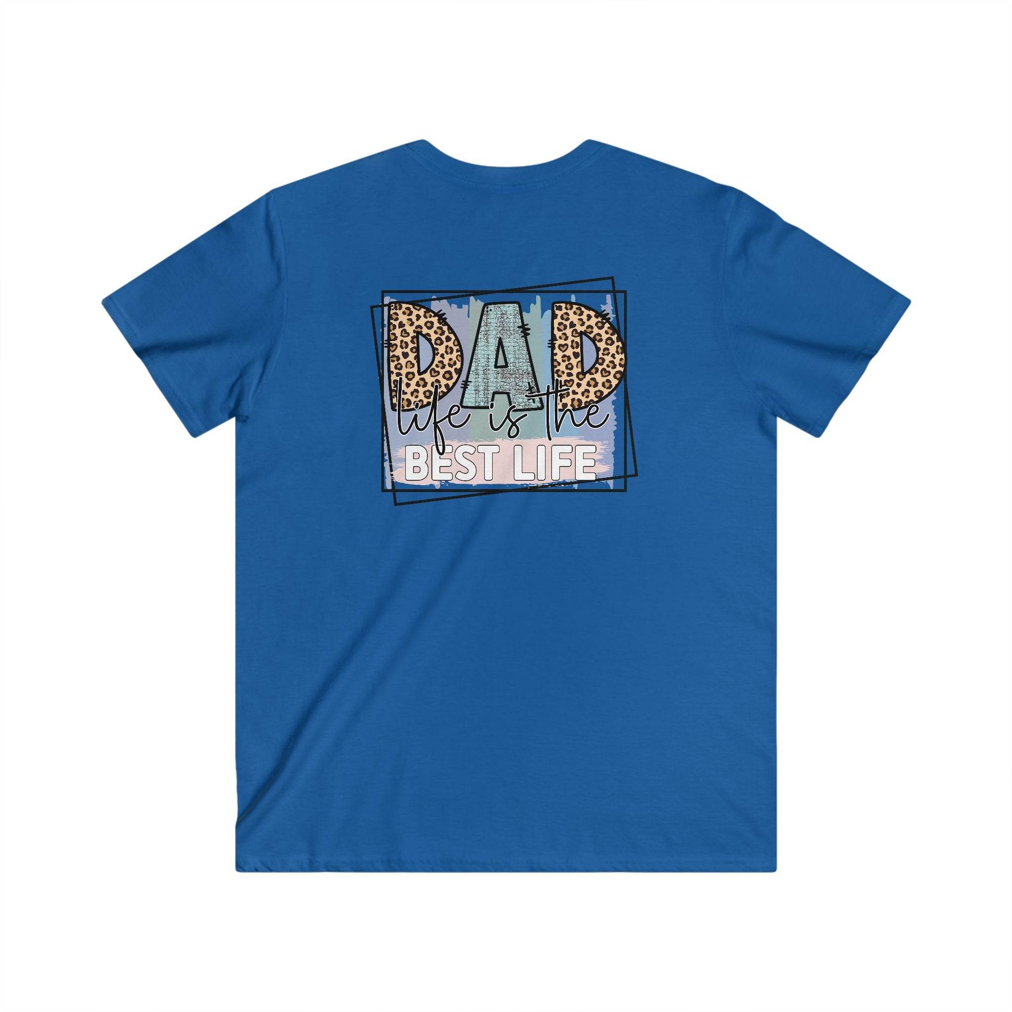 Blue eco-friendly dad t-shirt with graphic text life is the best life and leopard print design