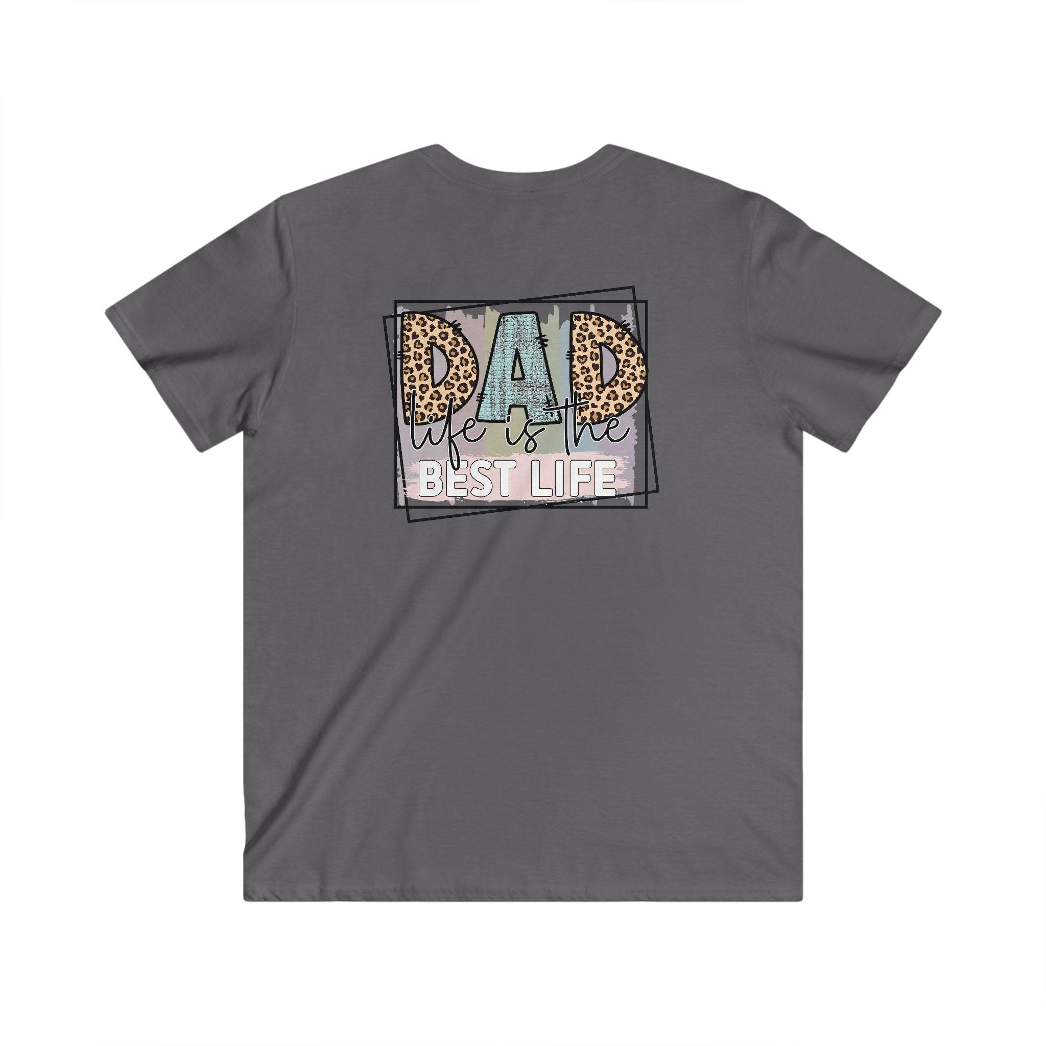 Printify eco-friendly dad t-shirt in gray with colorful graphic text Life is the Best Life on back