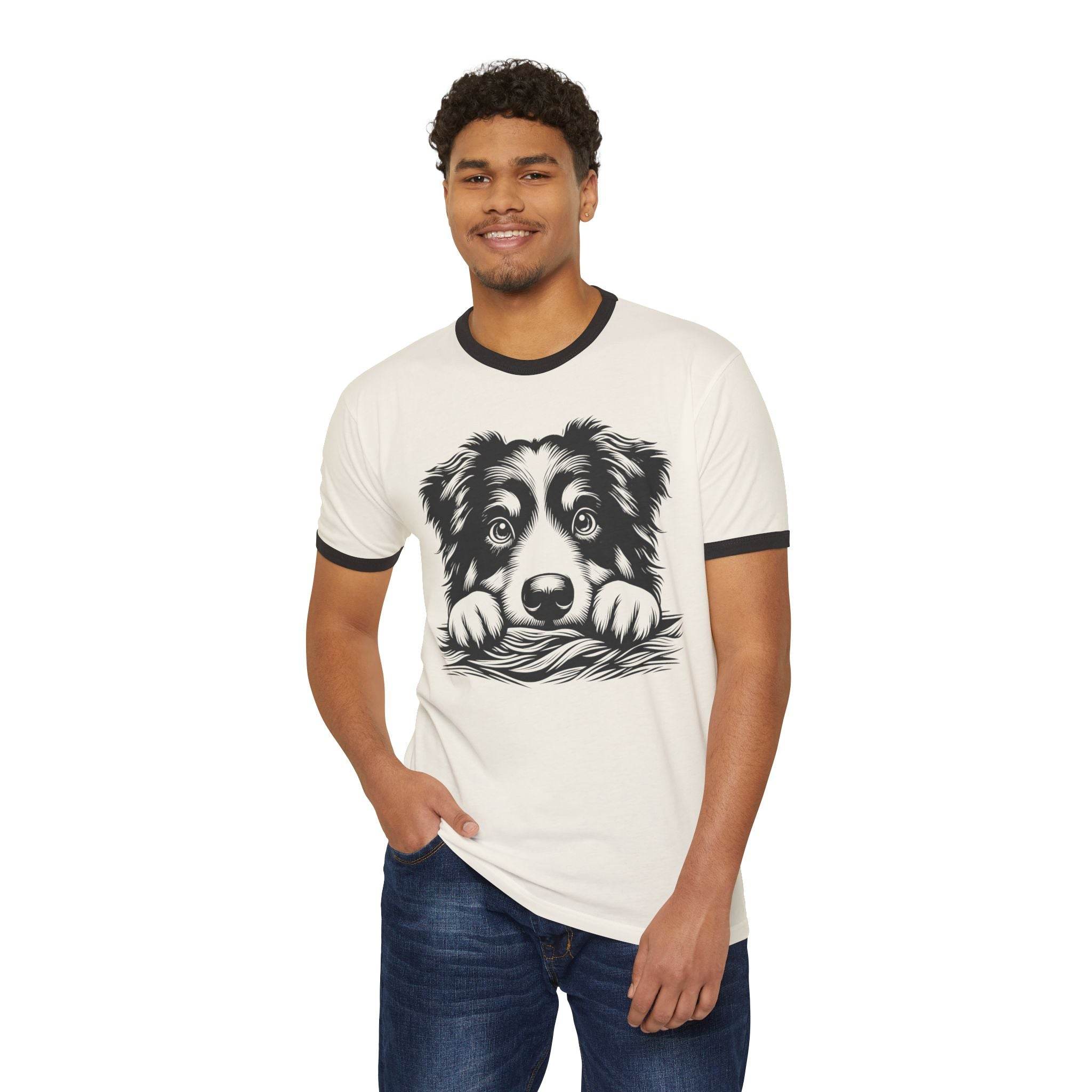 Man wearing eco-friendly dog graphic t-shirt with black and white dog illustration by Printify