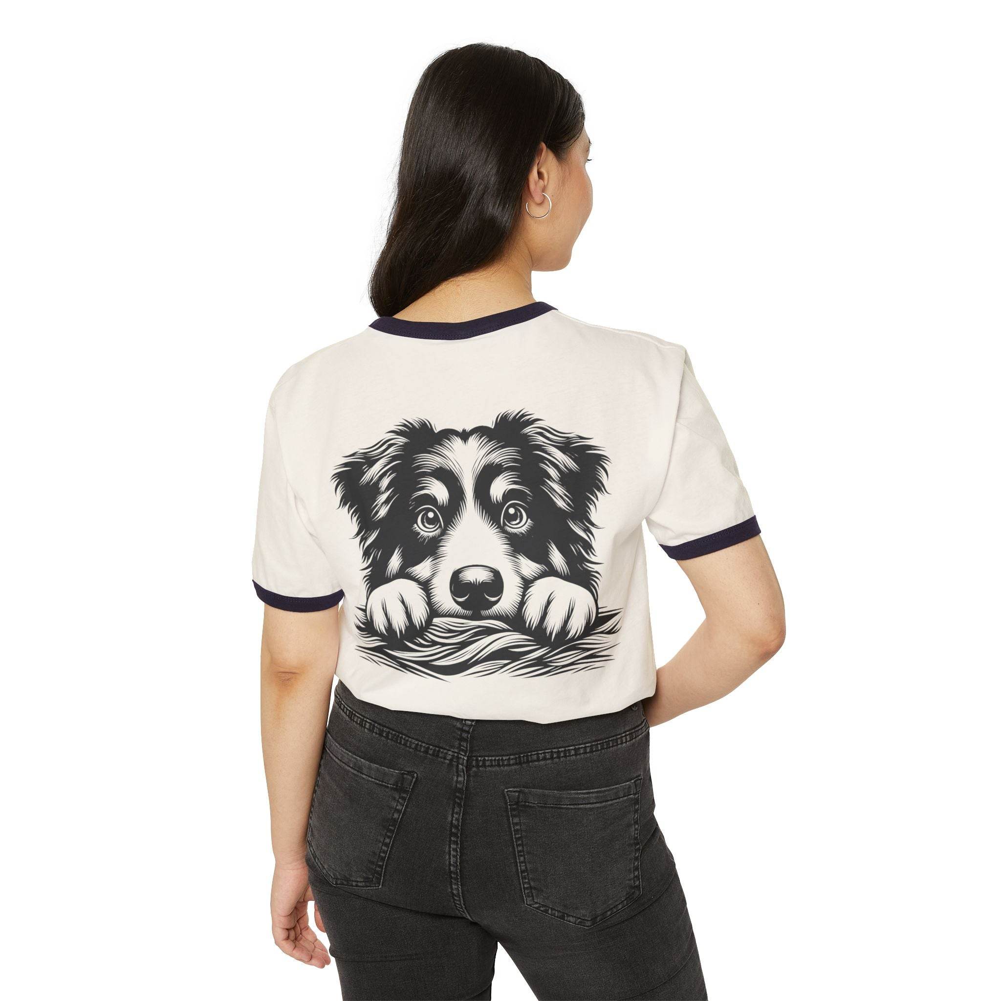 Printify eco-friendly dog graphic t-shirt with cute black and white dog illustration on back