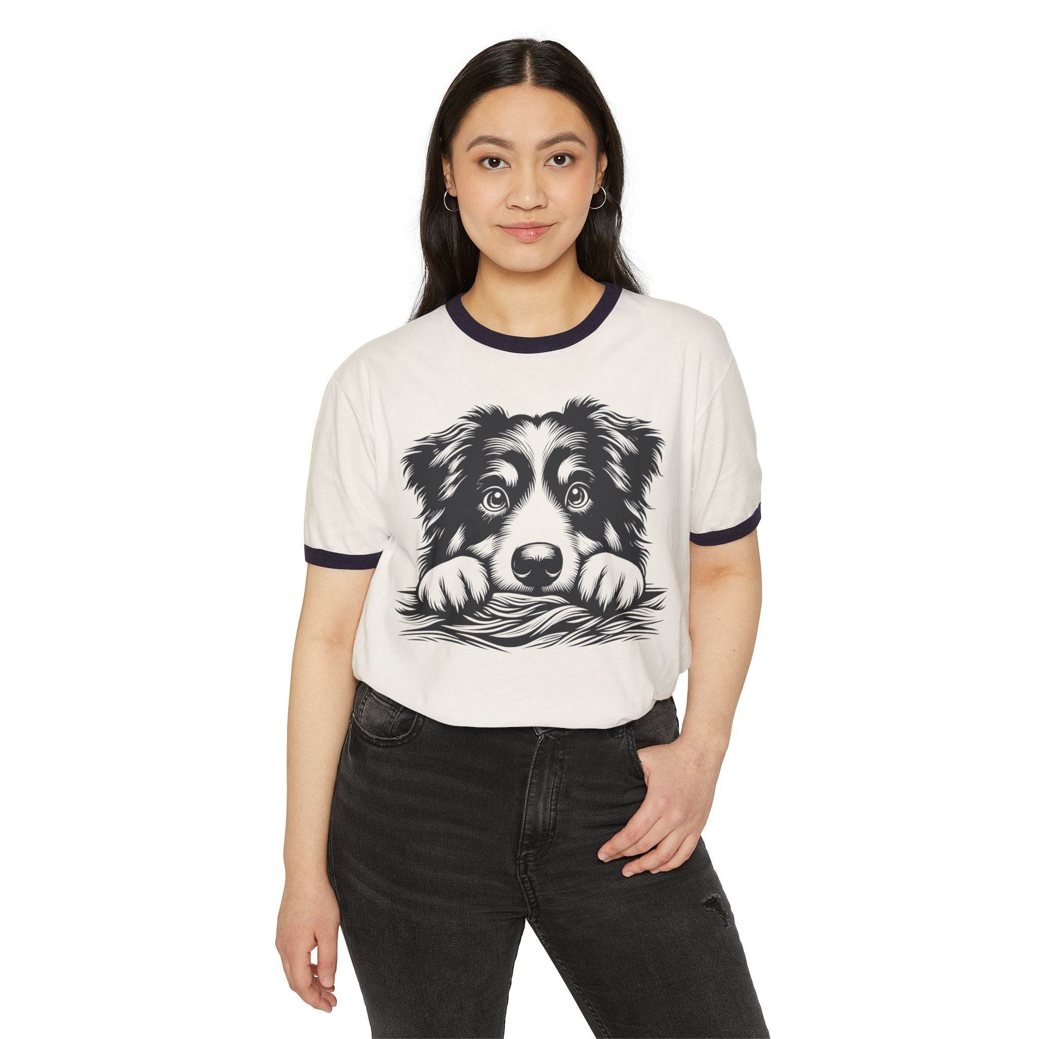 Printify eco-friendly dog graphic t-shirt with black and white dog print worn by woman