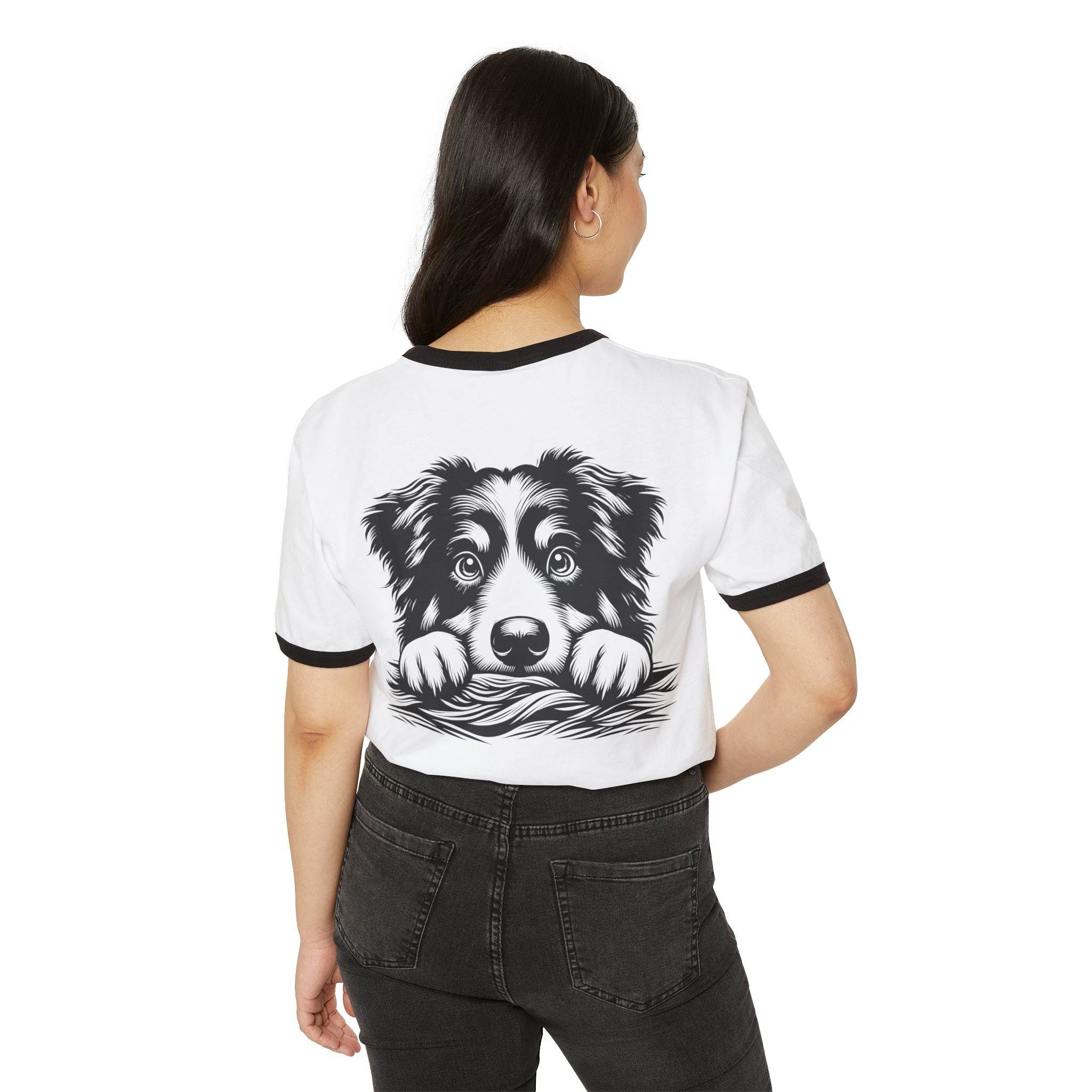 Printify eco-friendly dog graphic t-shirt in white with black ringer details worn by woman